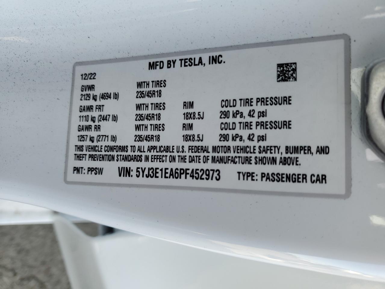 2023 Tesla Model 3 VIN: 5YJ3E1EA6PF452973 Lot: 81329694