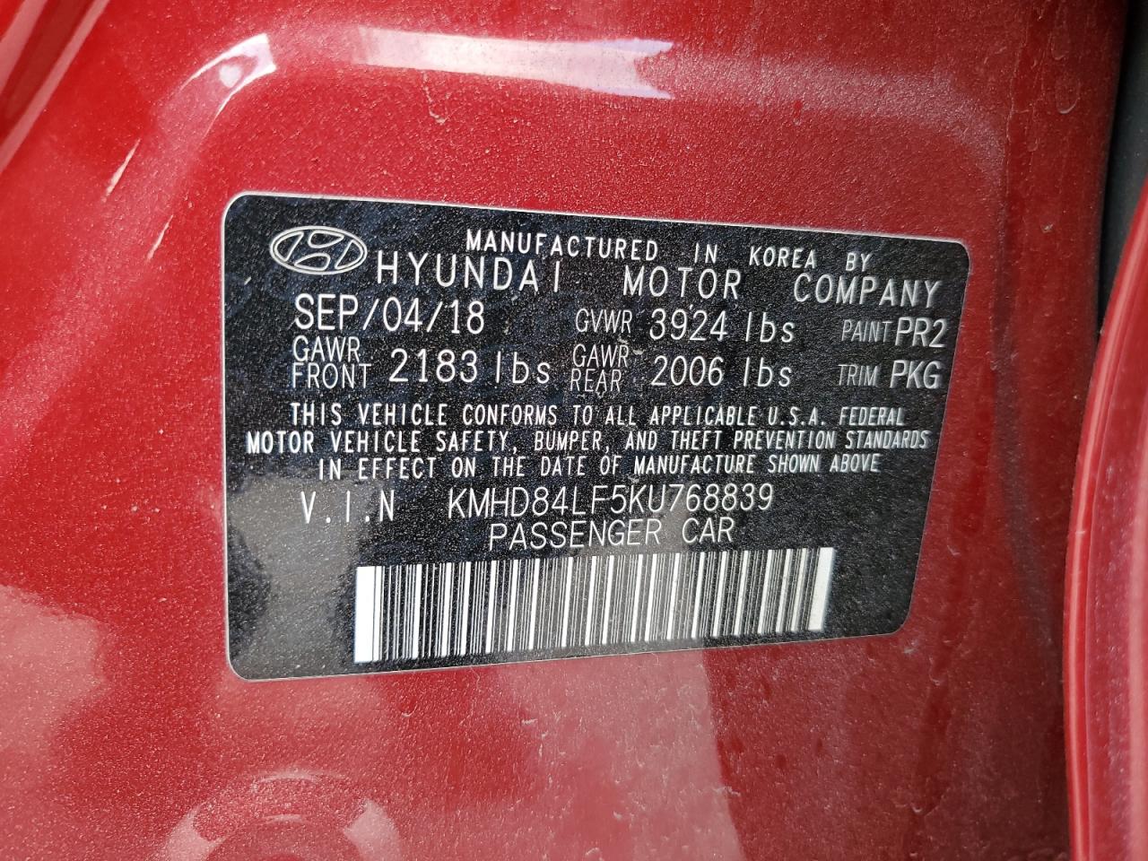 2019 Hyundai Elantra Sel VIN: KMHD84LF5KU768839 Lot: 79741954