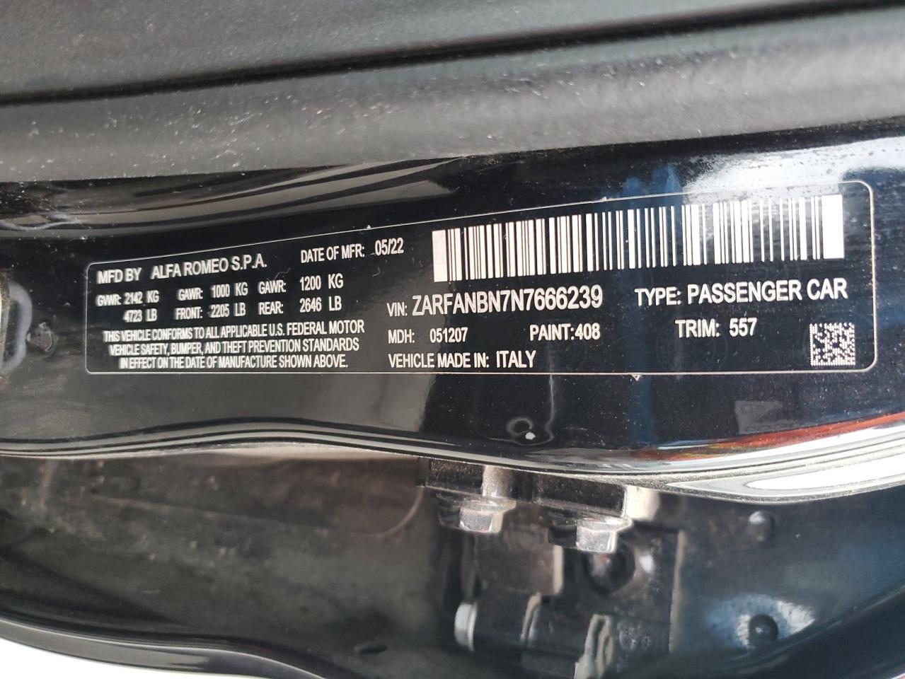 2022 Alfa Romeo Giulia Super VIN: ZARFANBN7N7666239 Lot: 70446354
