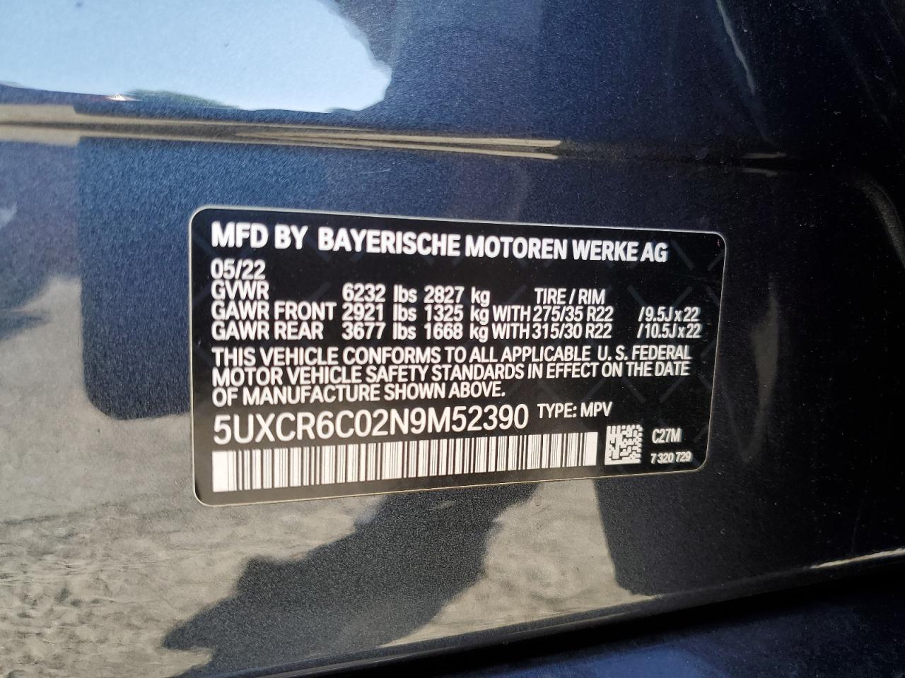 2022 BMW X5 xDrive40I VIN: 5UXCR6C02N9M52390 Lot: 79965604