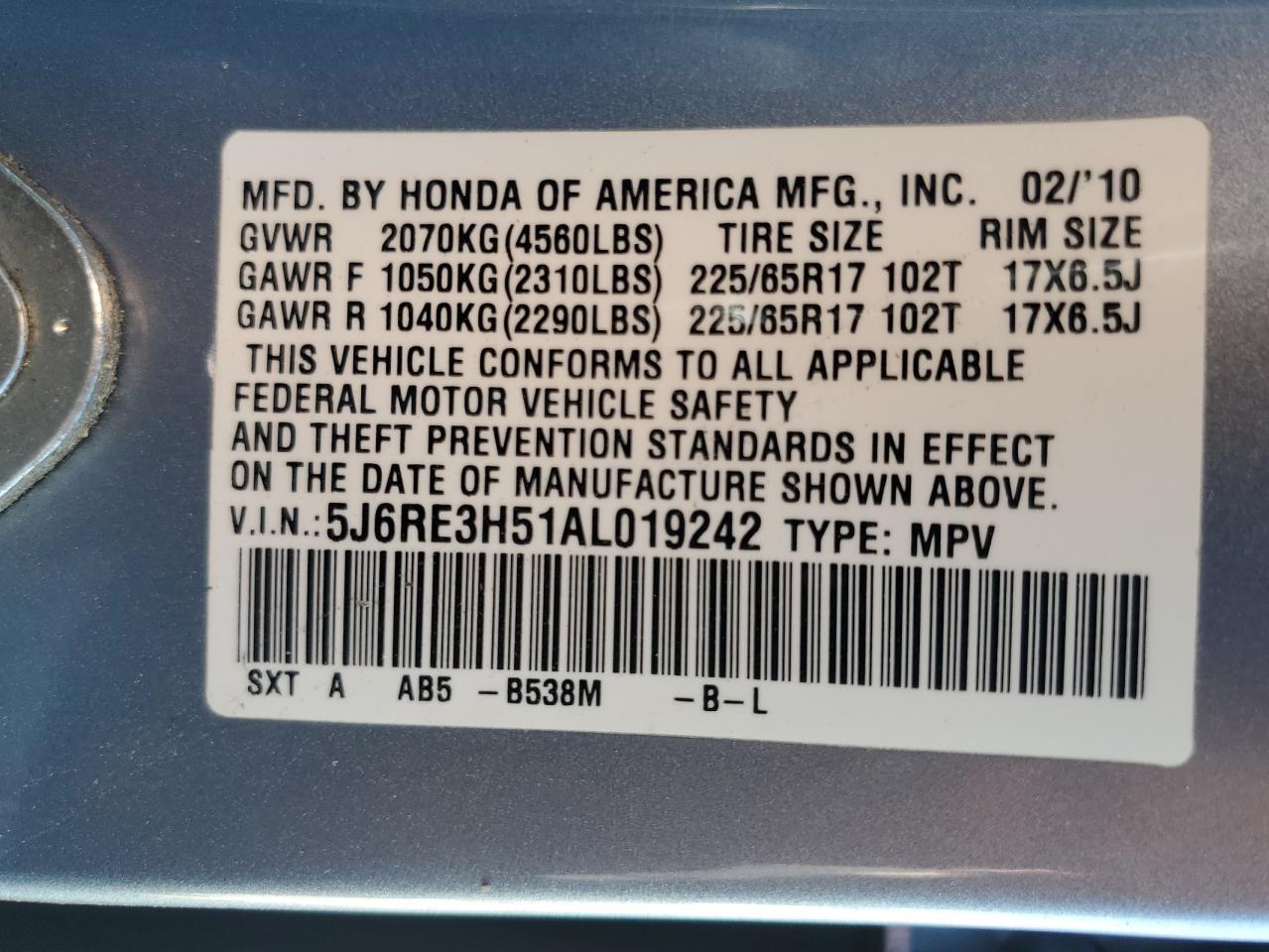 2010 Honda Cr-V Ex VIN: 5J6RE3H51AL019242 Lot: 81531274