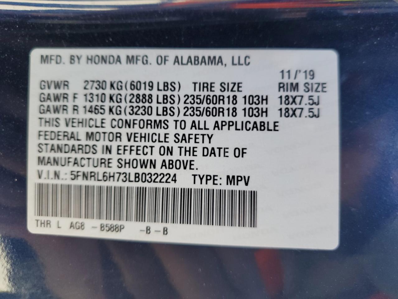 2020 Honda Odyssey Exl VIN: 5FNRL6H73LB032224 Lot: 80839164