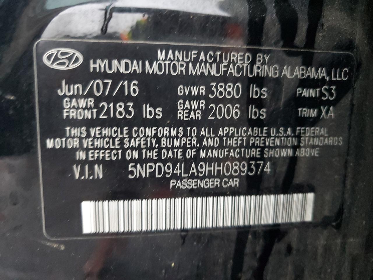 VIN 5NPD94LA9HH089374 2017 HYUNDAI ELANTRA no.12