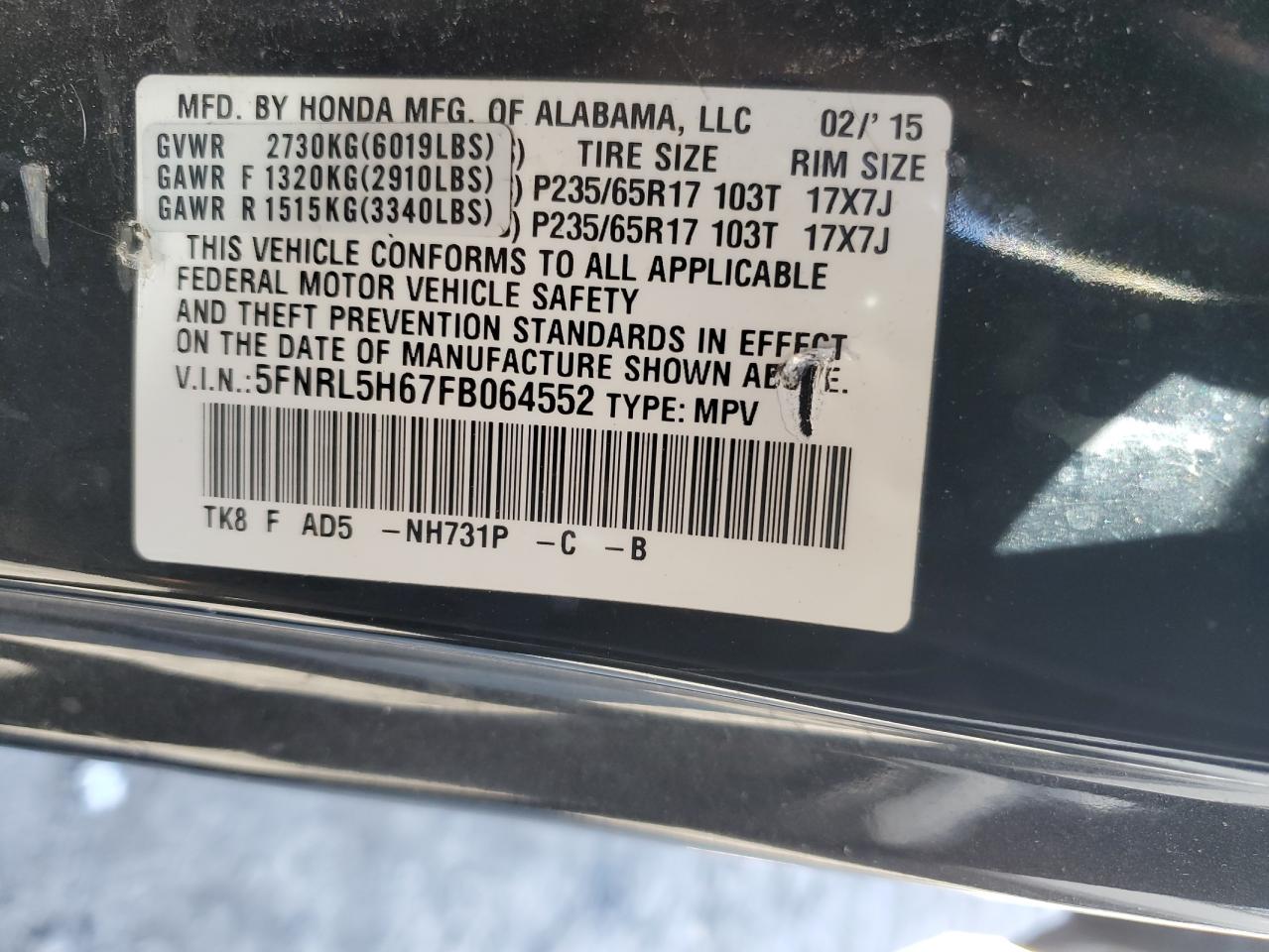 2015 Honda Odyssey Exl VIN: 5FNRL5H67FB064552 Lot: 79410464