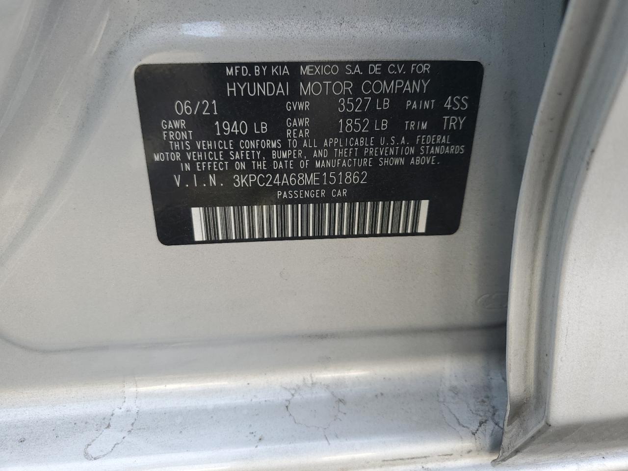 VIN 3KPC24A68ME151862 2021 HYUNDAI ACCENT no.12