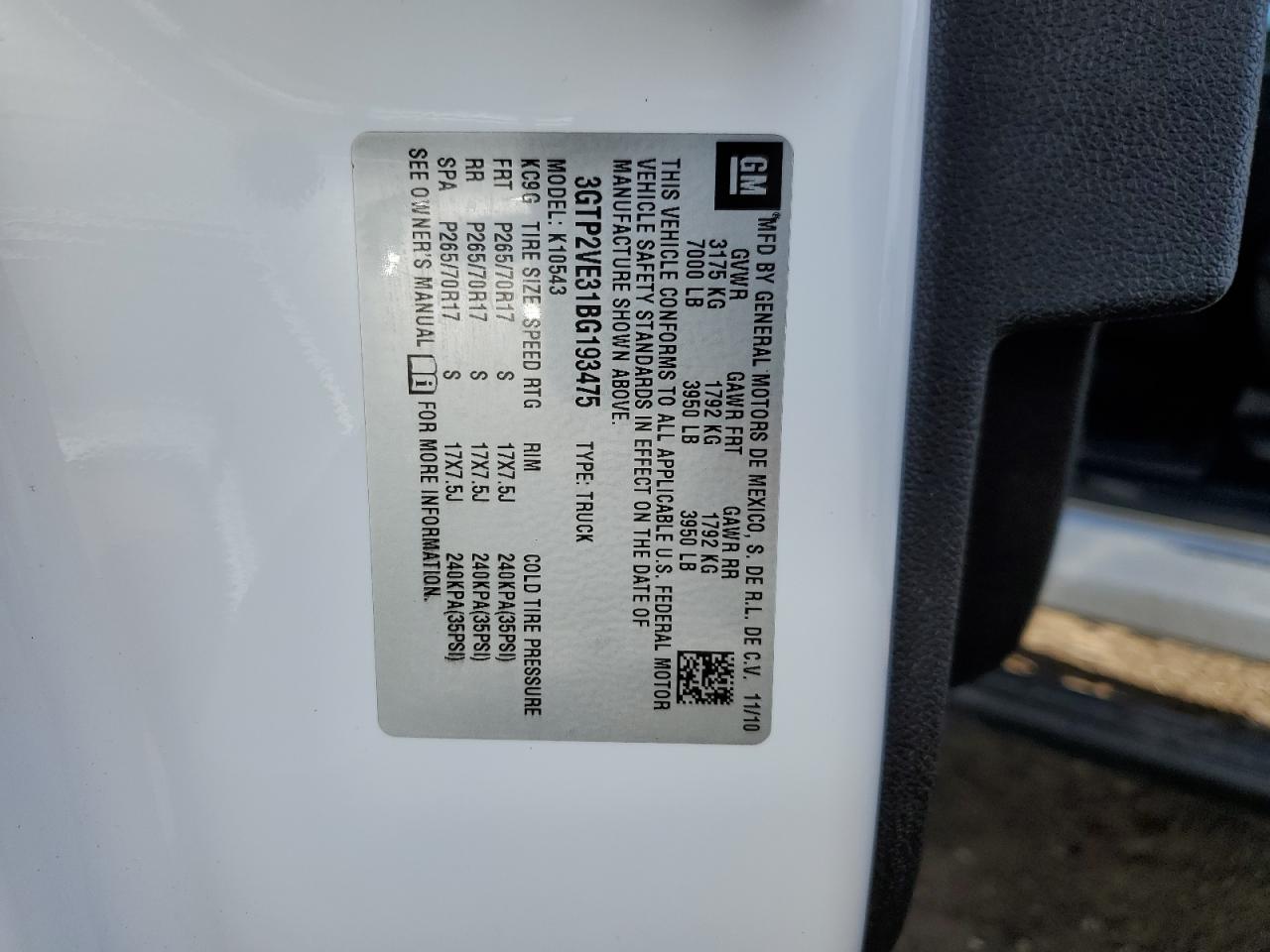 2011 GMC Sierra K1500 Sle VIN: 3GTP2VE31BG193475 Lot: 81423964