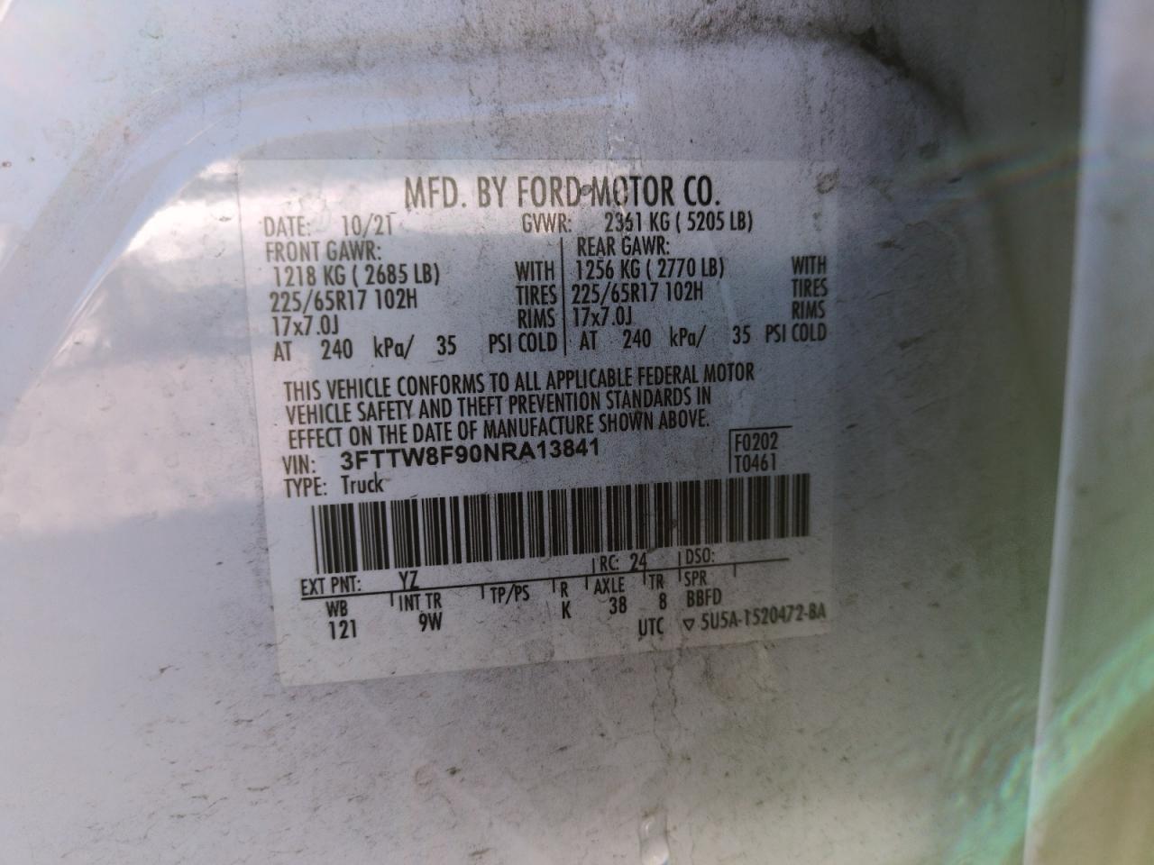 2022 Ford Maverick Xl VIN: 3FTTW8F90NRA13841 Lot: 79780234
