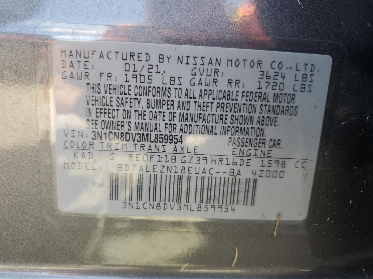 2021 Nissan Versa S VIN: 3N1CN8DV3ML859954 Lot: 82261814