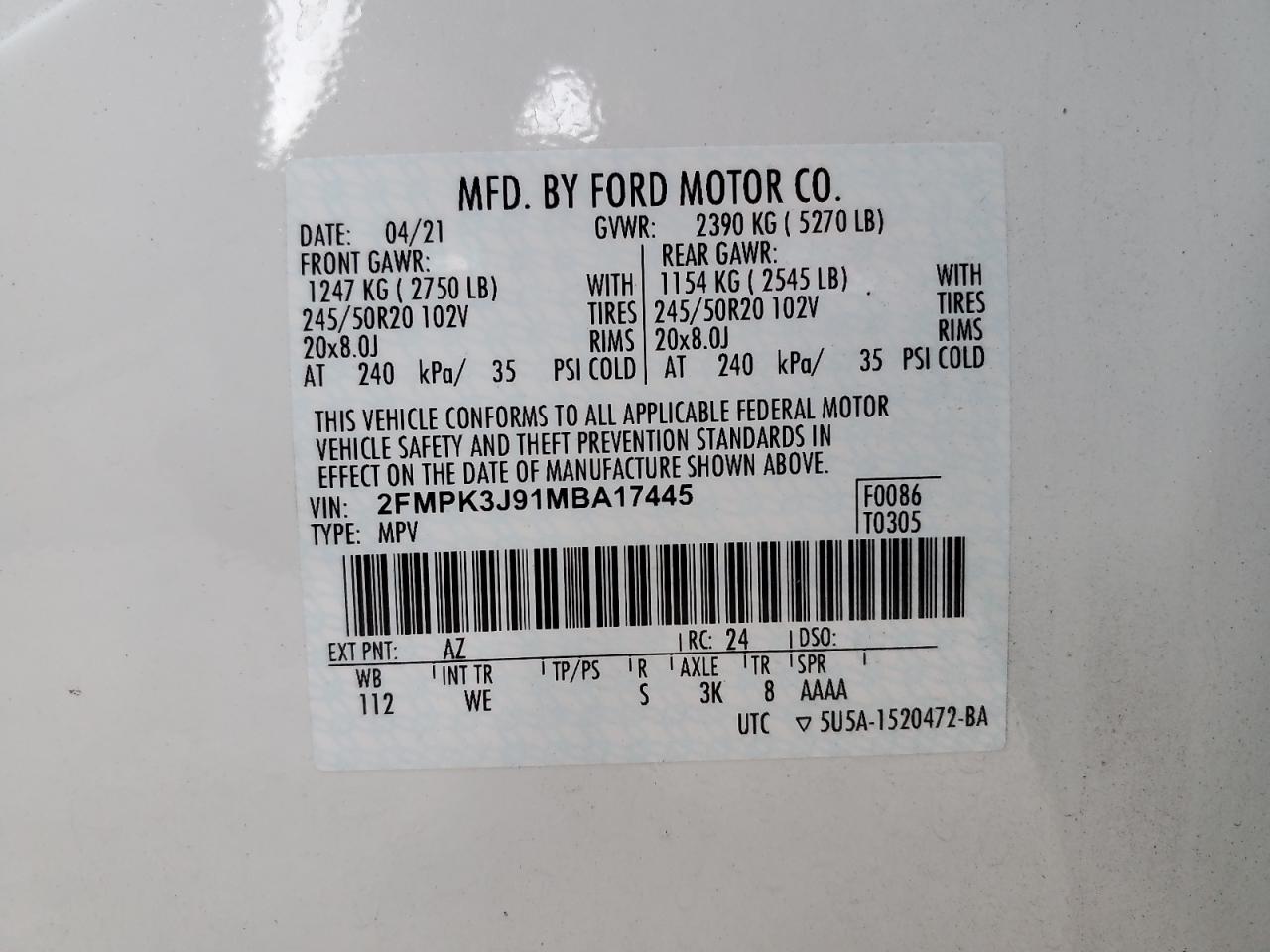 VIN 2FMPK3J91MBA17445 2021 FORD EDGE no.12