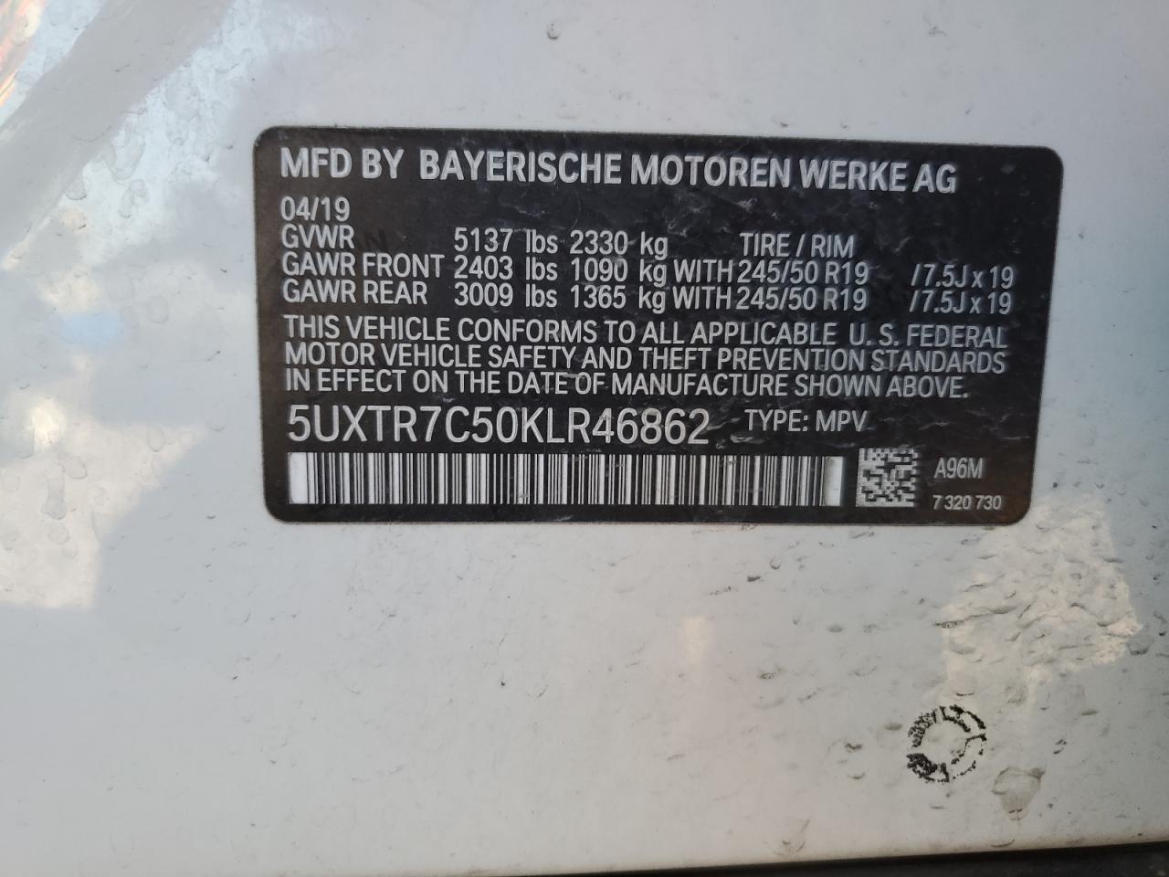 VIN 5UXTR7C50KLR46862 2019 BMW X3 no.12