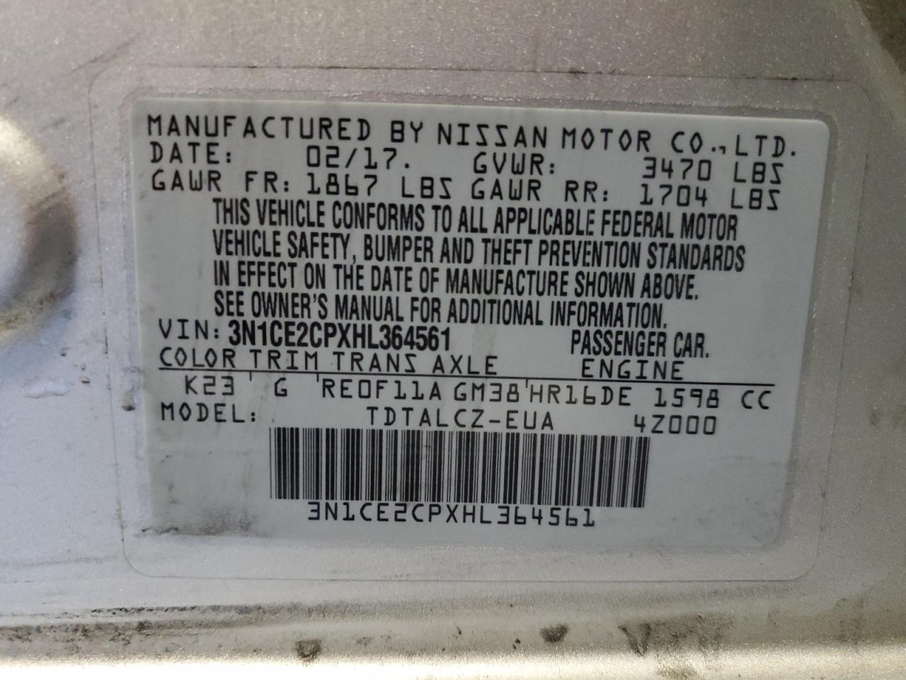 VIN 3N1CE2CPXHL364561 2017 NISSAN VERSA no.13