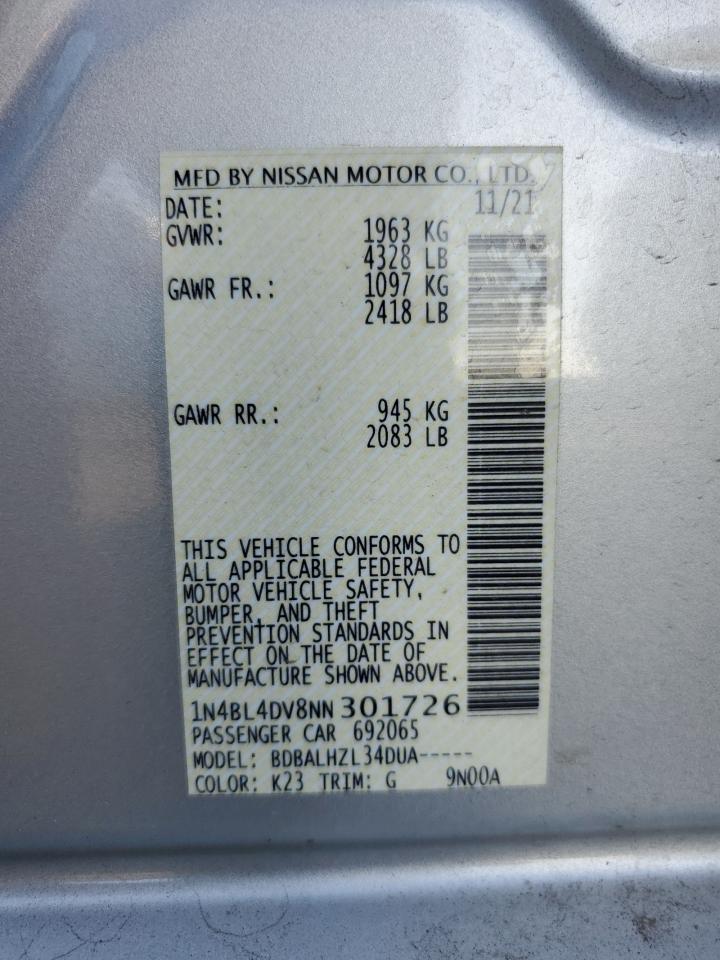 2022 Nissan Altima Sv VIN: 1N4BL4DV8NN301726 Lot: 78937314