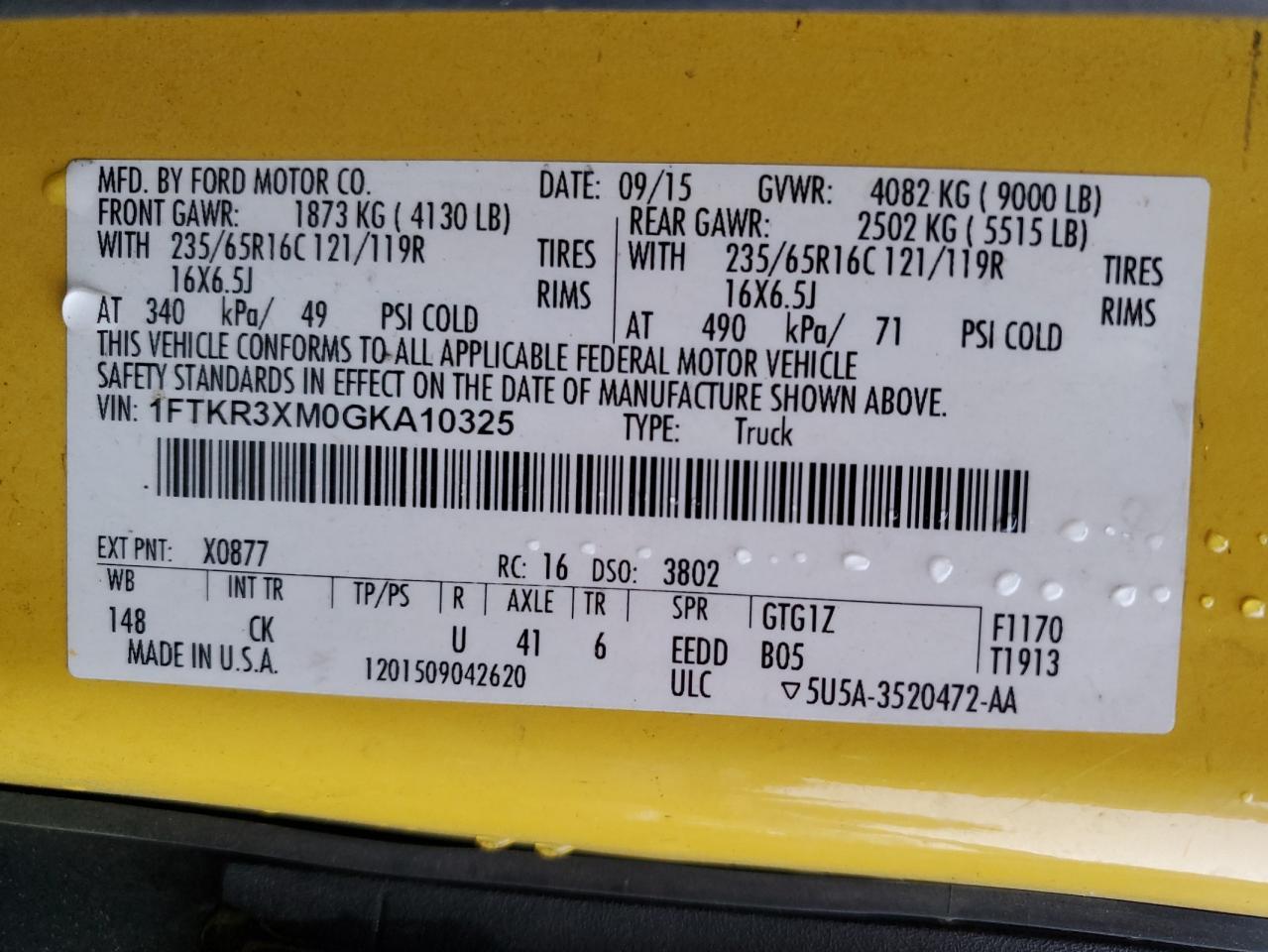 2016 Ford Transit T-250 VIN: 1FTKR3XM0GKA10325 Lot: 79437824