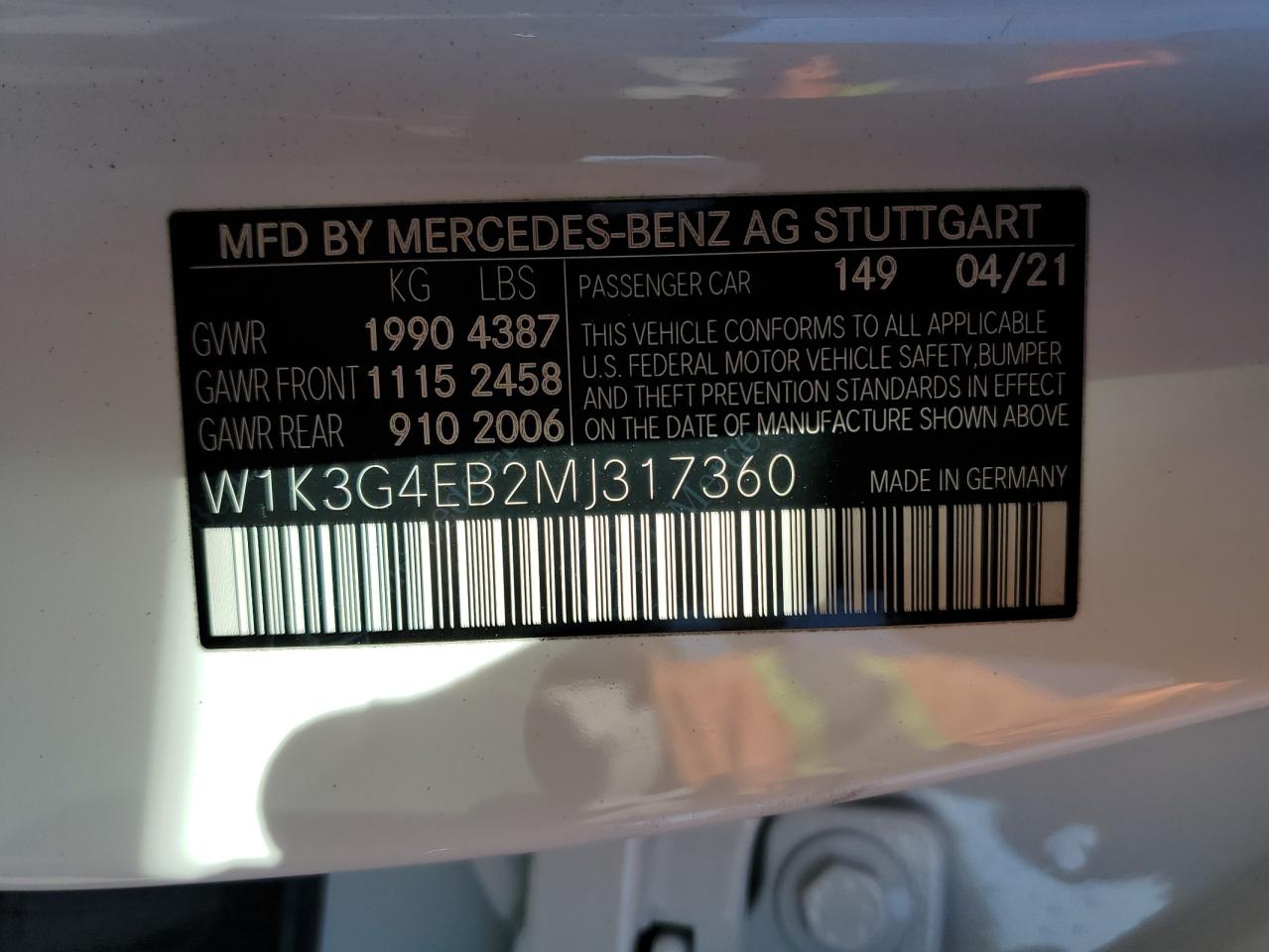 VIN W1K3G4EB2MJ317360 2021 MERCEDES-BENZ A-CLASS no.12