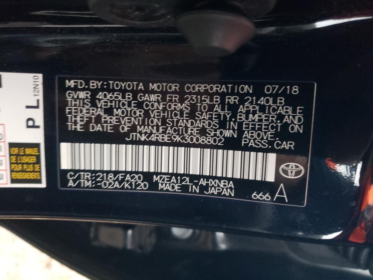 2019 Toyota Corolla Se VIN: JTNK4RBE9K3008802 Lot: 79402774