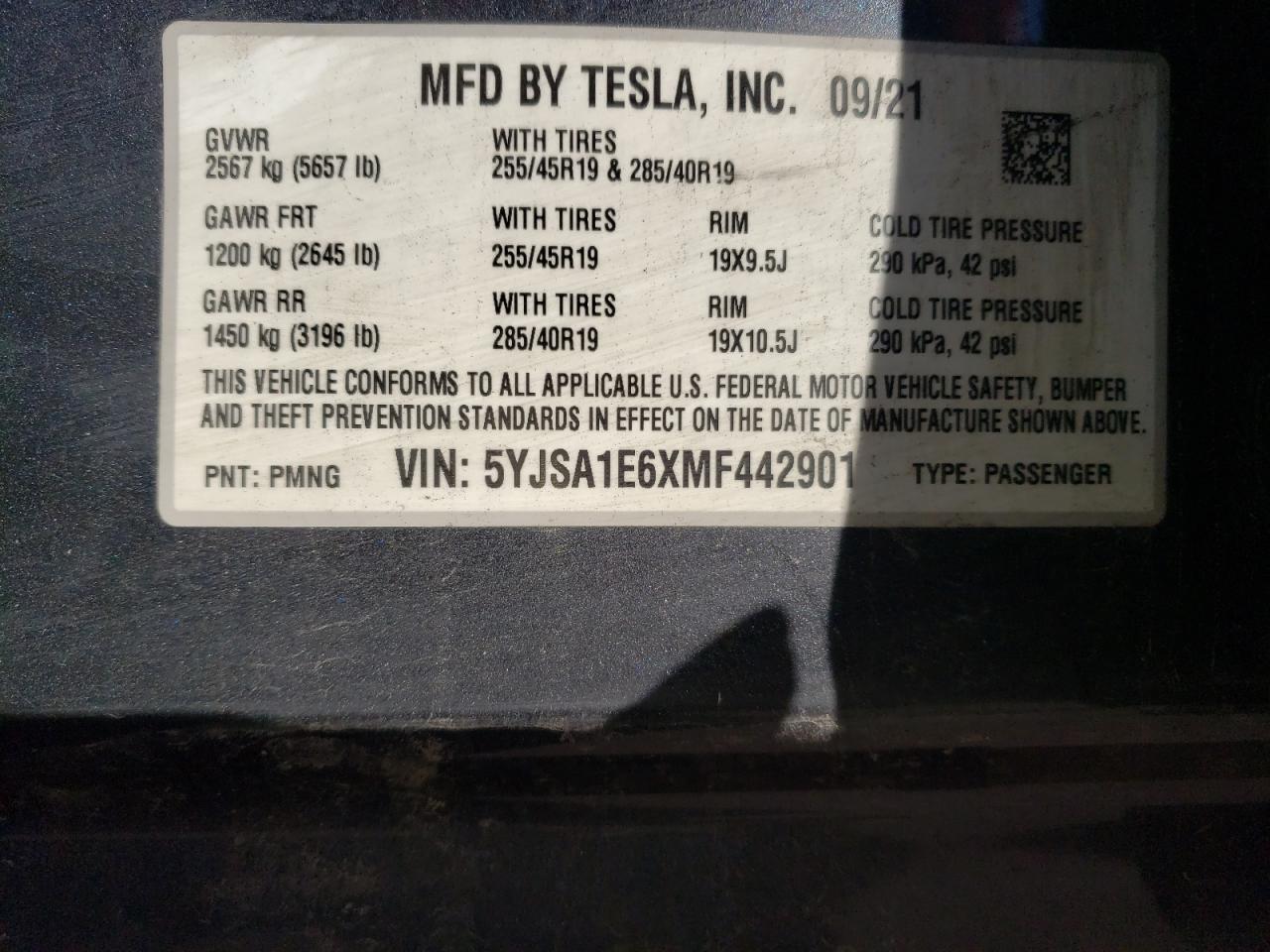 2021 Tesla Model S VIN: 5YJSA1E6XMF442901 Lot: 79179564