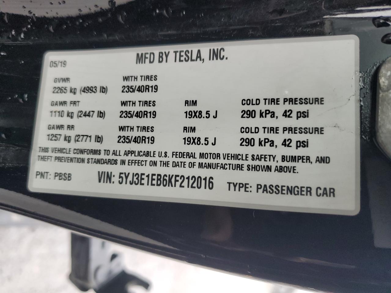 VIN 5YJ3E1EB6KF212016 2019 TESLA MODEL 3 no.13