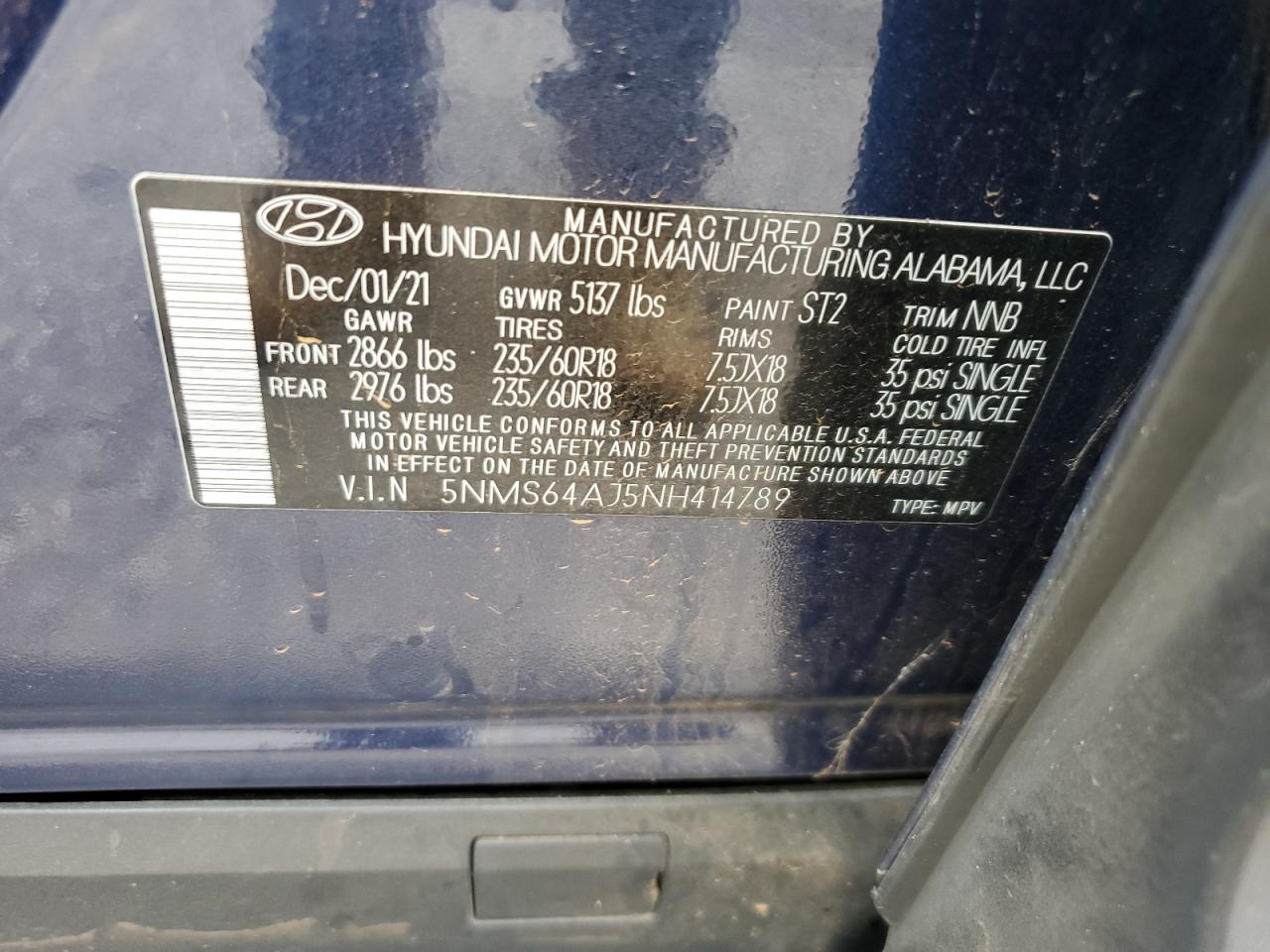 2022 Hyundai Santa Fe Sel VIN: 5NMS64AJ5NH414789 Lot: 79415014