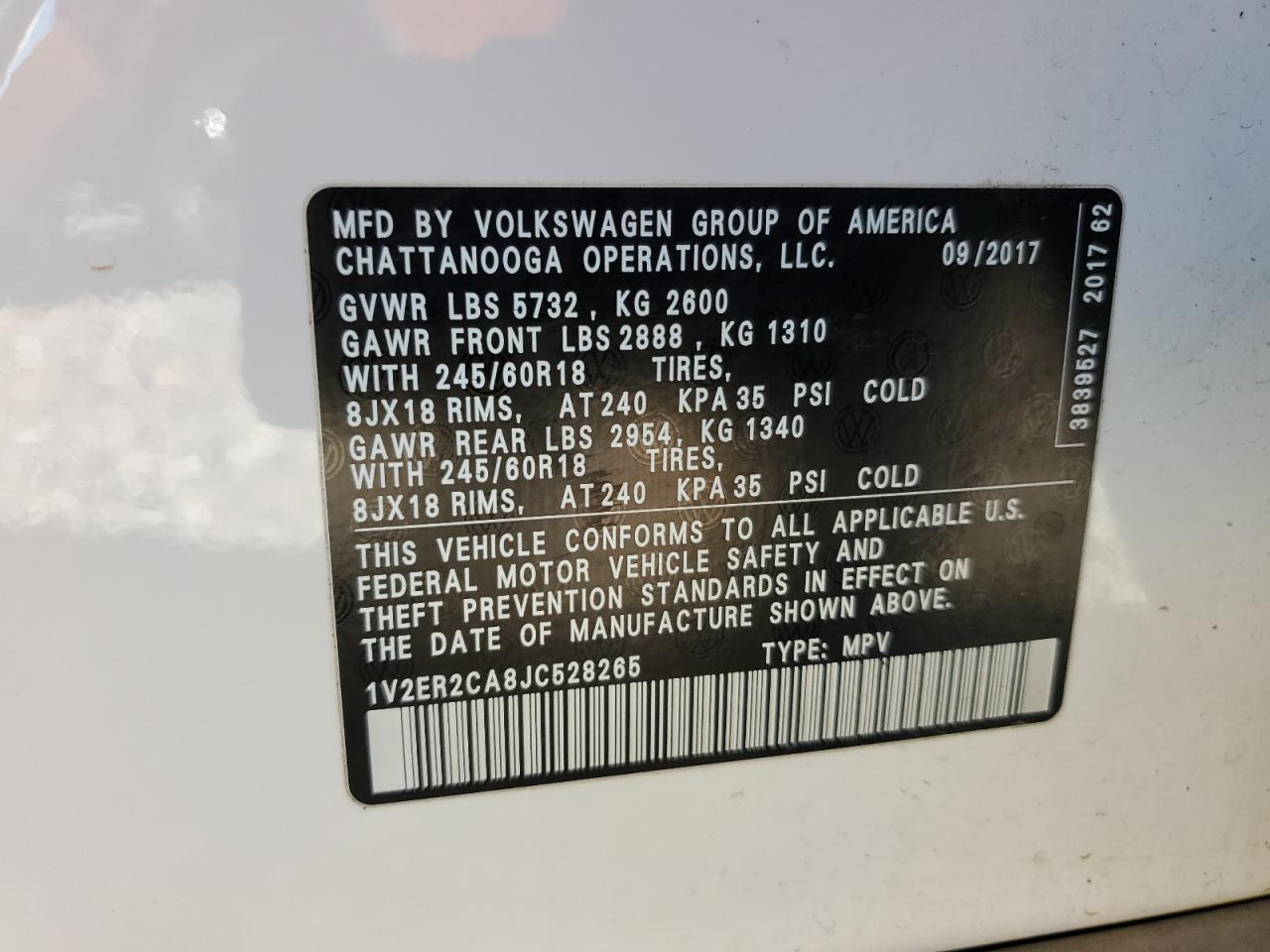 2018 Volkswagen Atlas Sel VIN: 1V2ER2CA8JC528265 Lot: 80905424