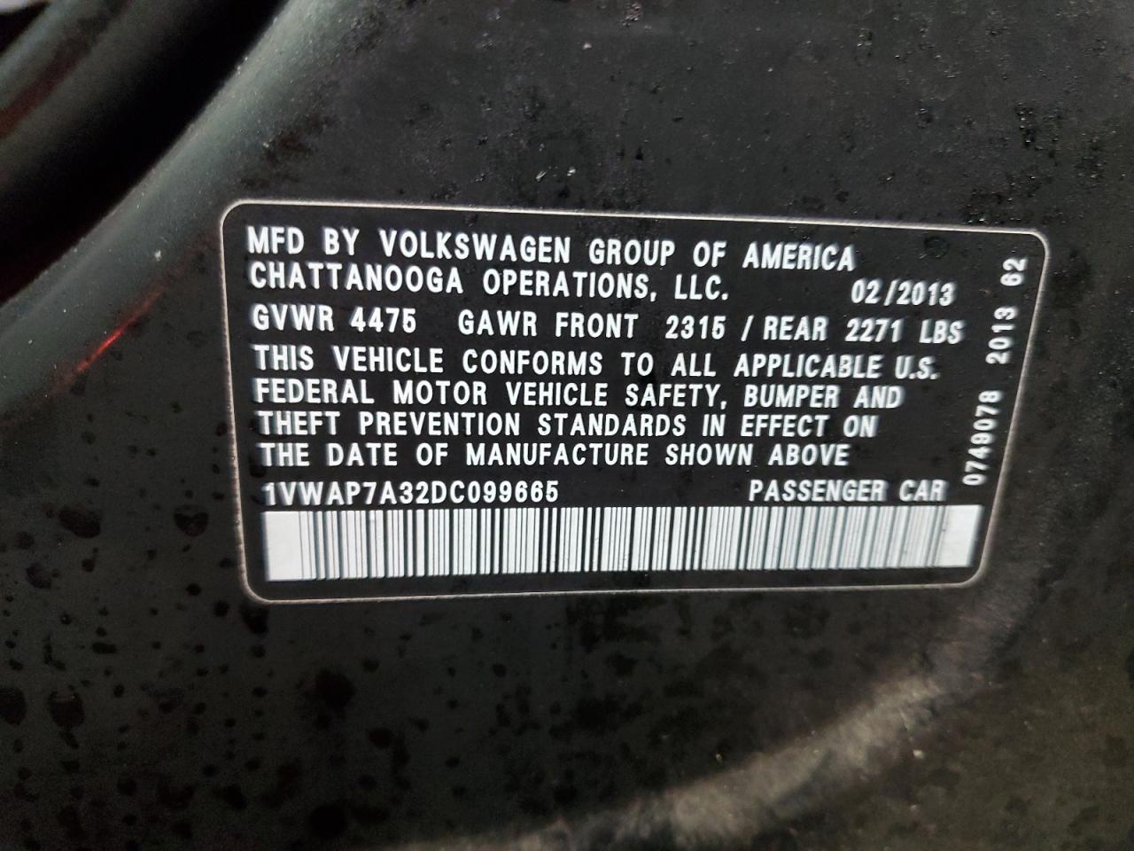 2013 Volkswagen Passat S VIN: 1VWAP7A32DC099665 Lot: 82558194