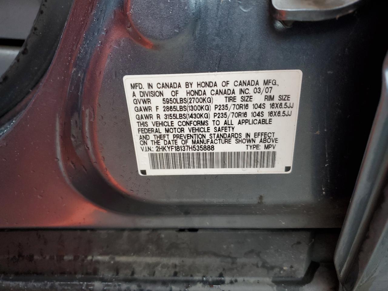 2007 Honda Pilot Lx VIN: 2HKYF18137H535888 Lot: 80348774