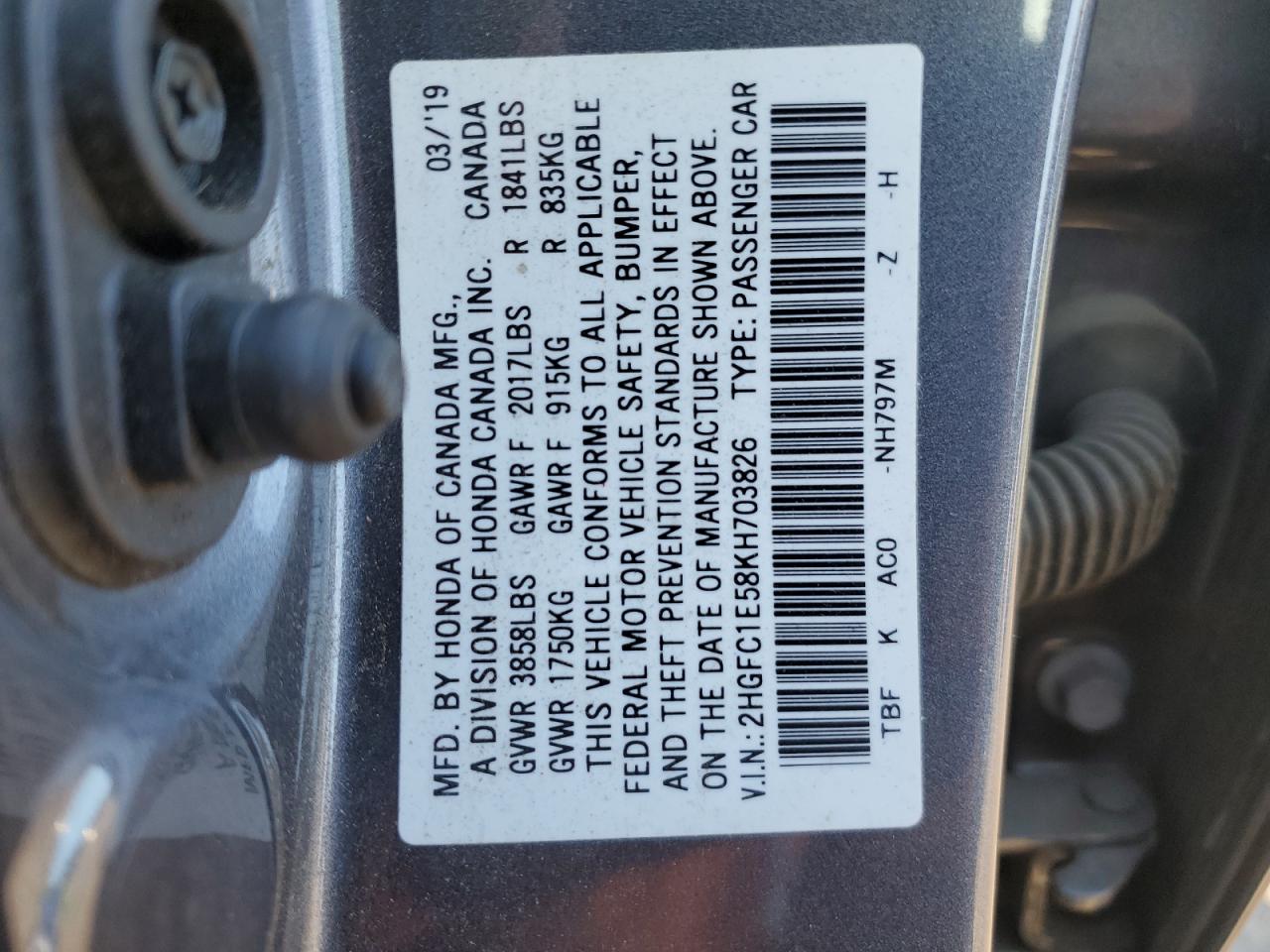 VIN 2HGFC1E58KH703826 2019 HONDA CIVIC no.12