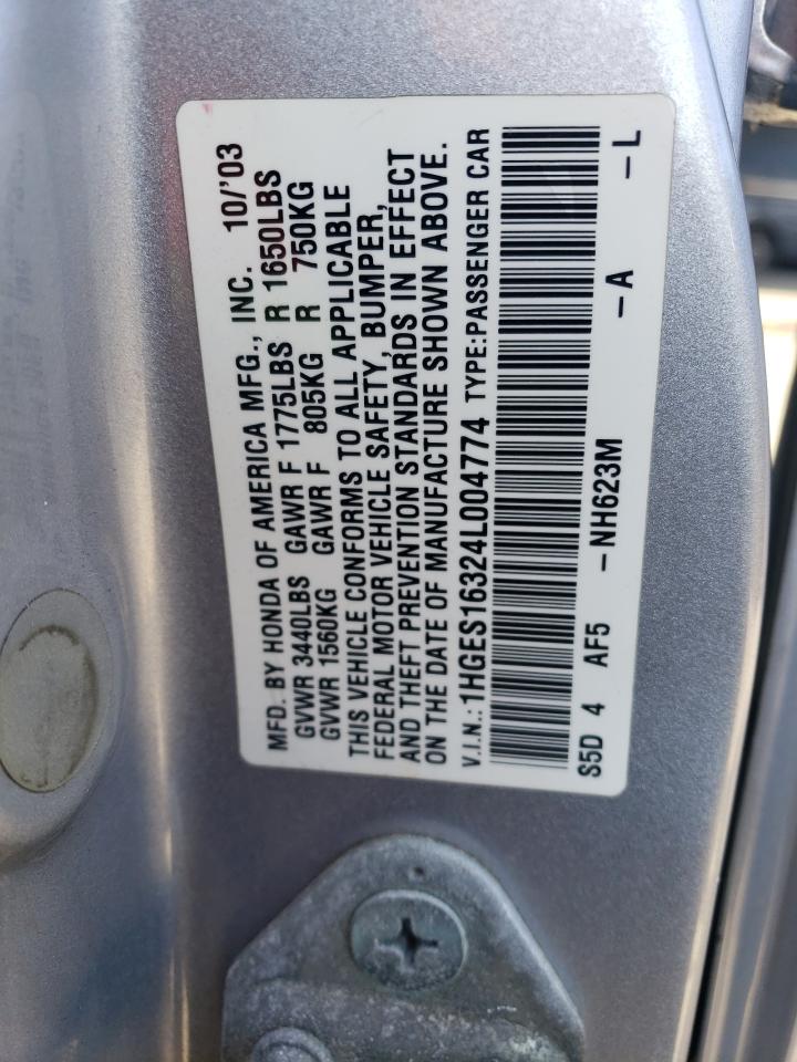 2004 Honda Civic Dx Vp VIN: 1HGES16324L004774 Lot: 78732804