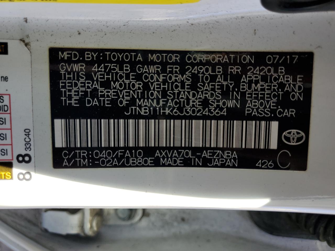 VIN JTNB11HK6J3024364 2018 TOYOTA CAMRY no.12