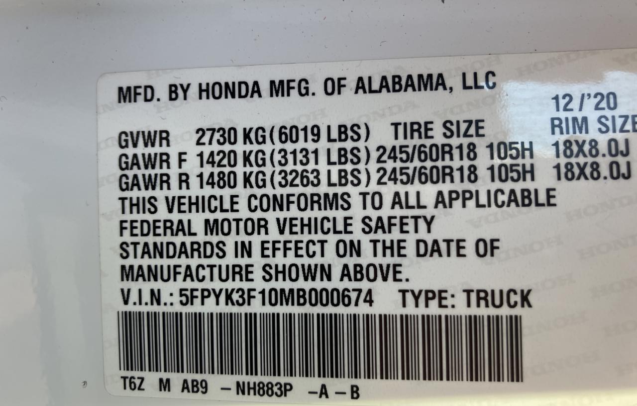 2021 Honda Ridgeline Sport VIN: 5FPYK3F10MB000674 Lot: 81348254