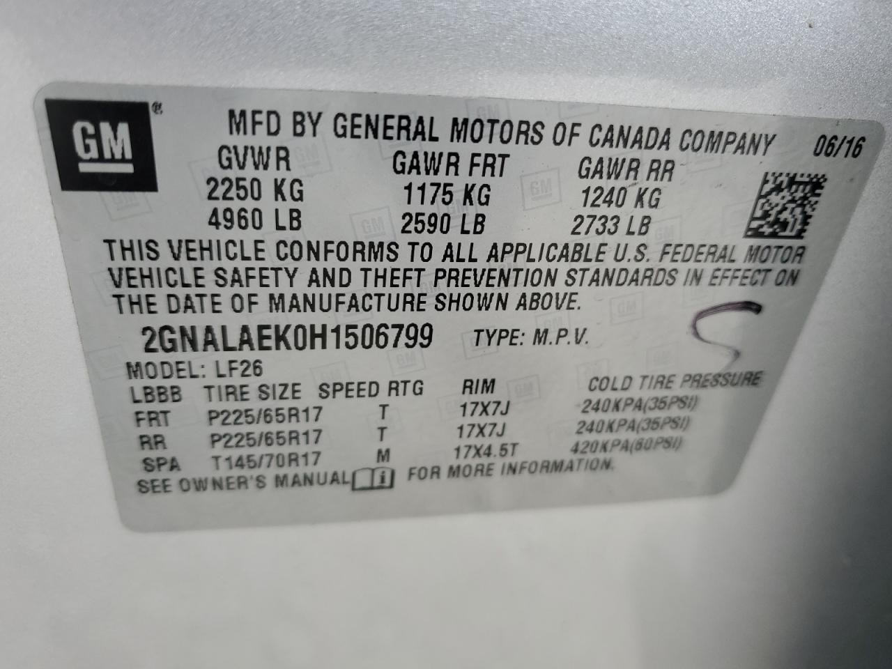 2GNALAEK0H1506799 2017 Chevrolet Equinox L