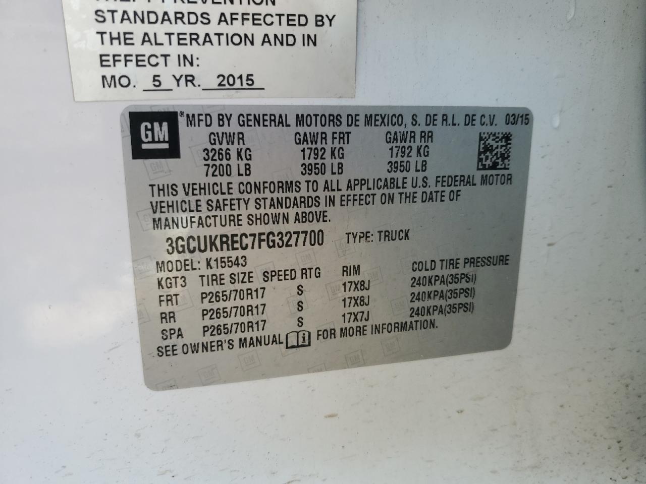 VIN 3GCUKREC7FG327700 2015 CHEVROLET ALL Models no.12