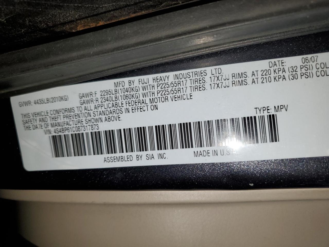 2008 Subaru Outback 2.5I VIN: 4S4BP61C087317873 Lot: 79248954