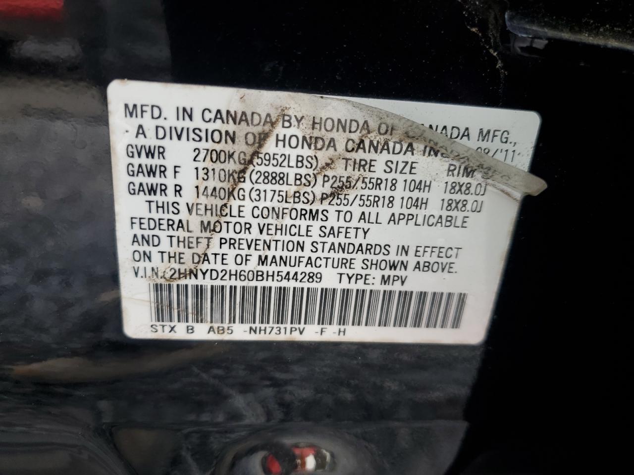 2011 Acura Mdx Technology VIN: 2HNYD2H60BH544289 Lot: 80236764