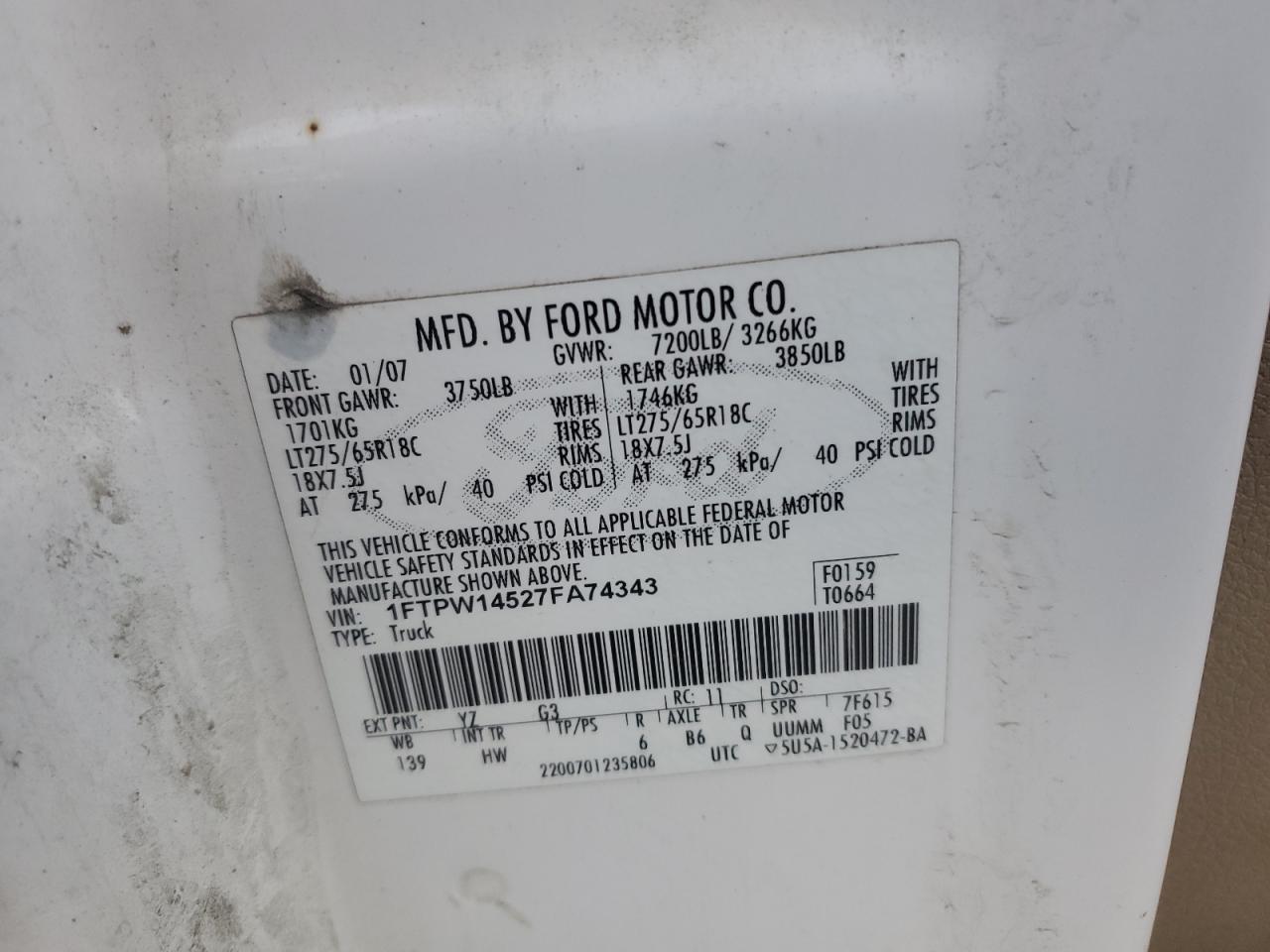 2007 Ford F150 Supercrew VIN: 1FTPW14527FA74343 Lot: 79513764