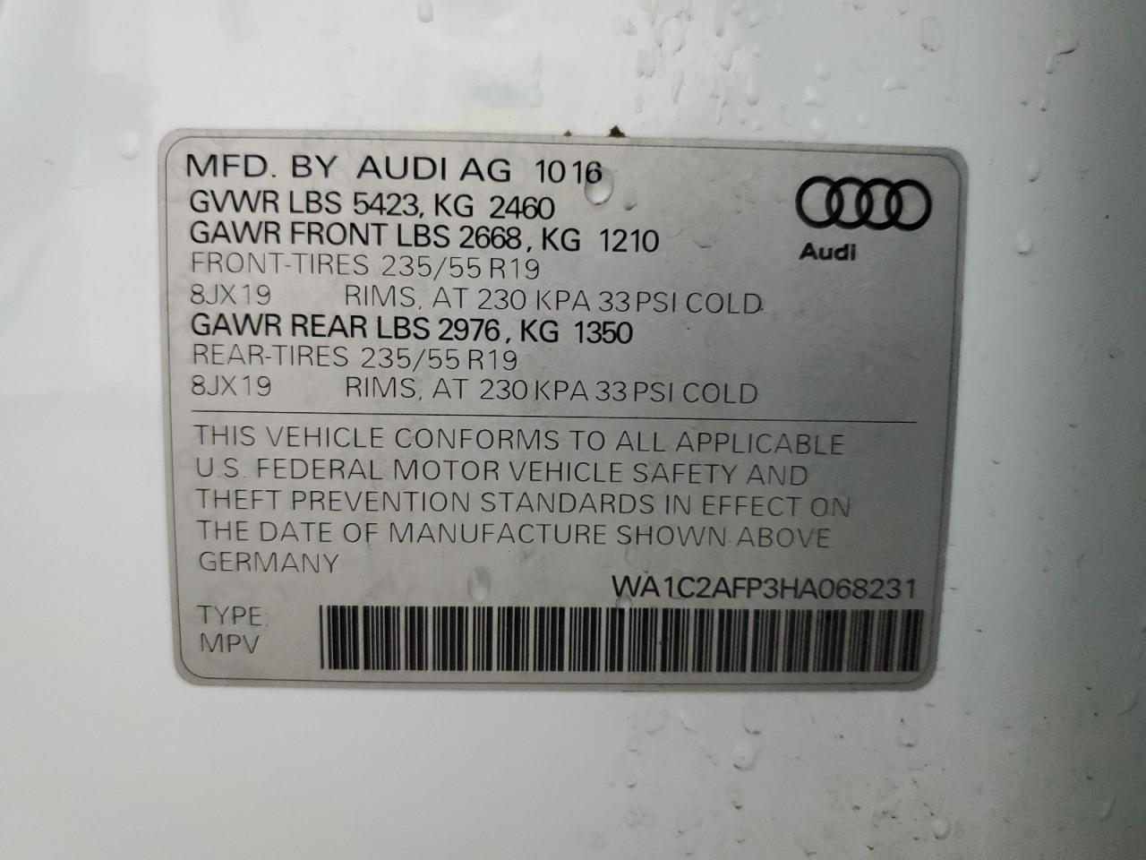 2017 Audi Q5 Premium VIN: WA1C2AFP3HA068231 Lot: 80570154