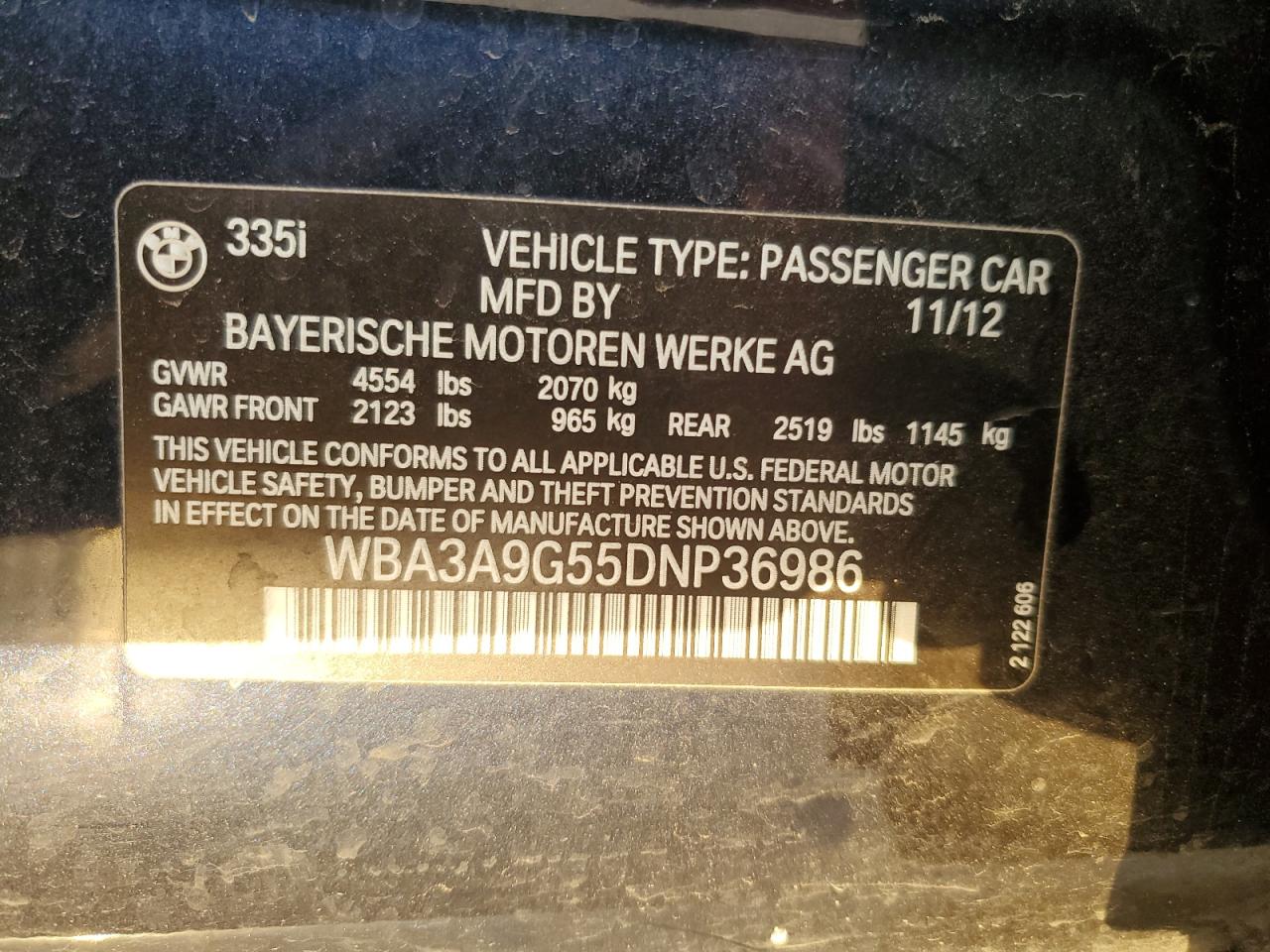 VIN WBA3A9G55DNP36986 2013 BMW 3 SERIES no.12