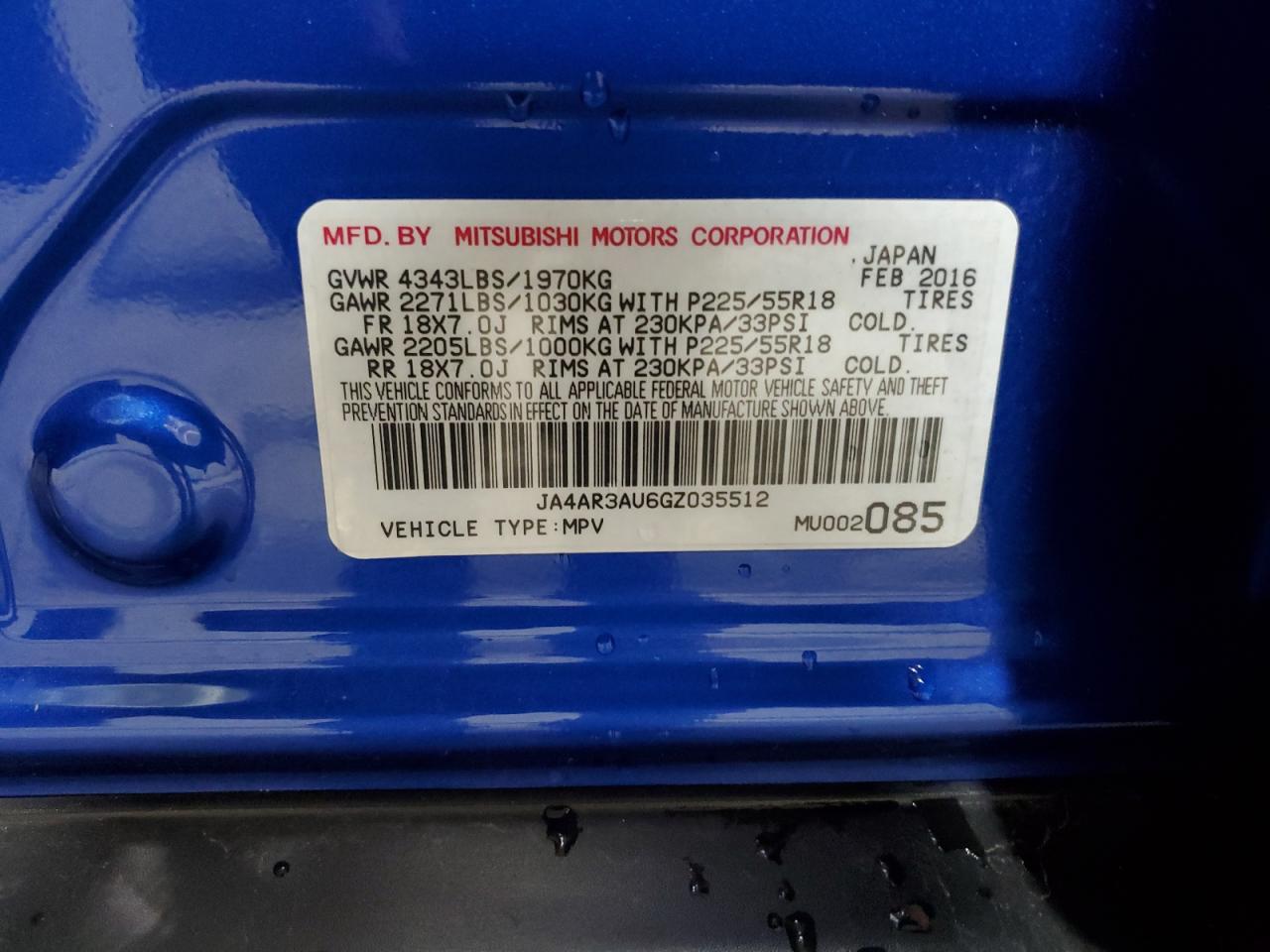 2016 Mitsubishi Outlander Sport Es VIN: JA4AR3AU6GZ035512 Lot: 82276544