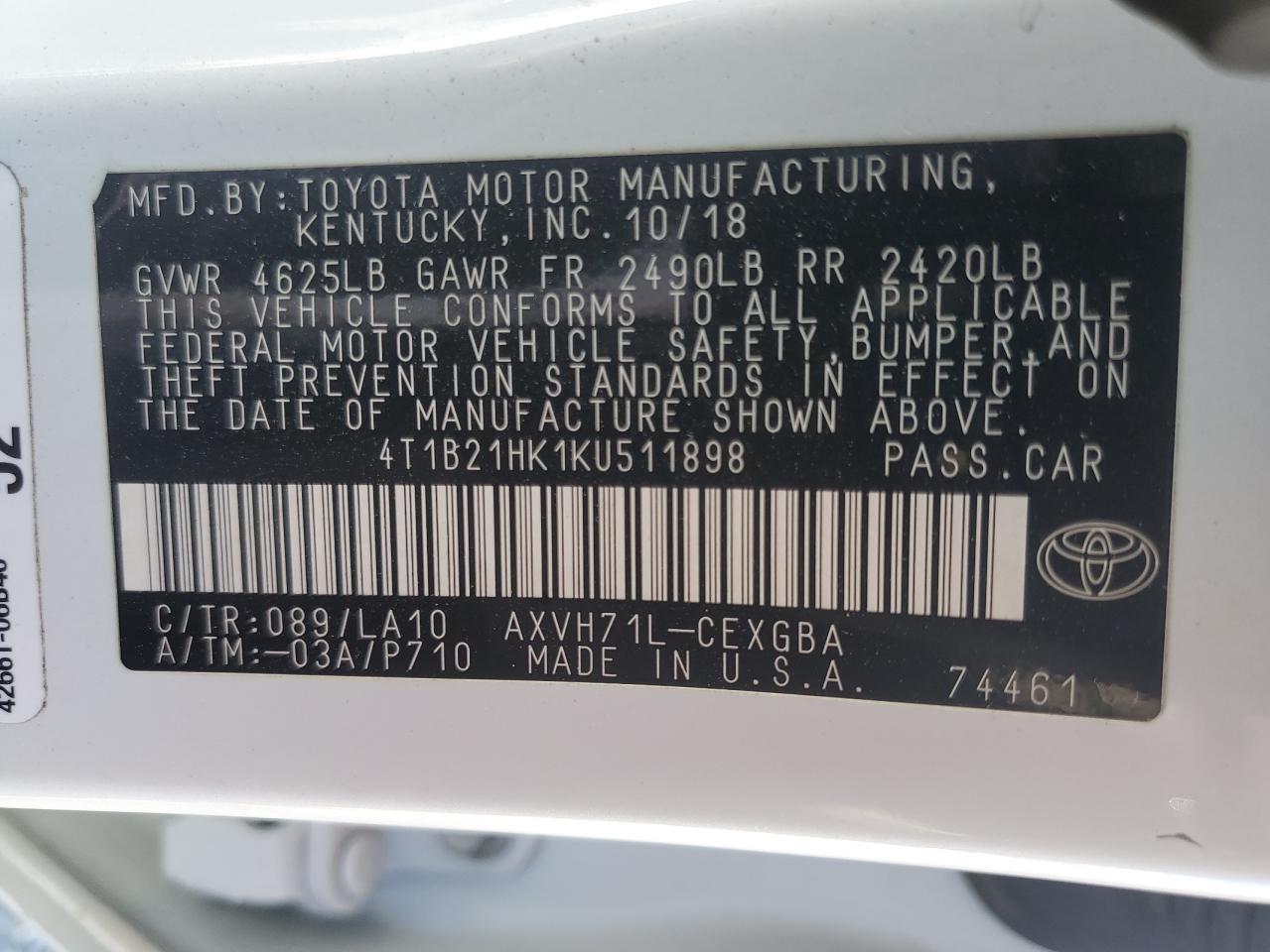 2019 Toyota Camry Hybrid VIN: 4T1B21HK1KU511898 Lot: 80763414