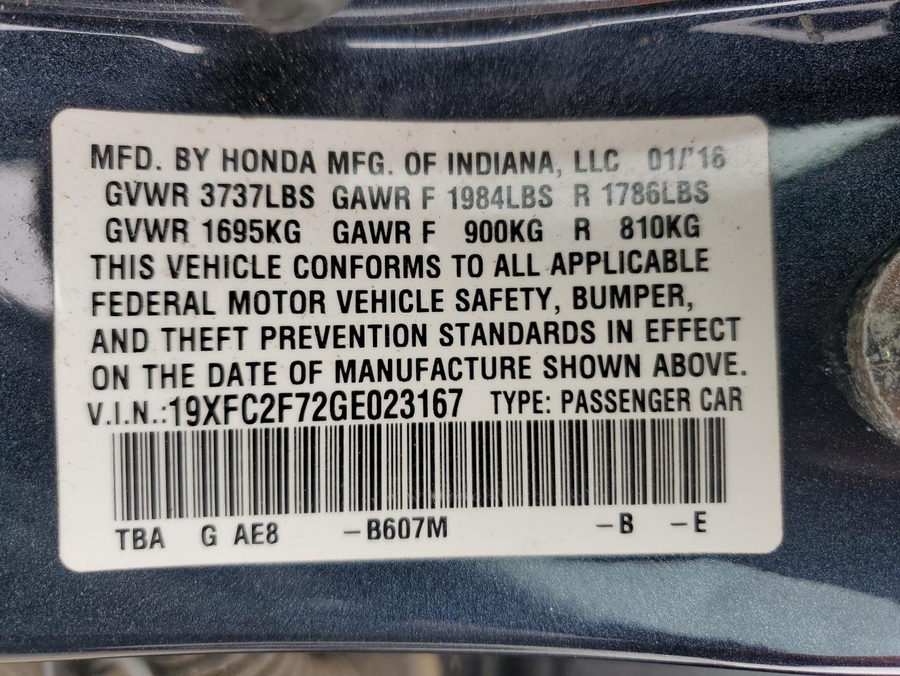 2016 Honda Civic Ex VIN: 19XFC2F72GE023167 Lot: 79862964