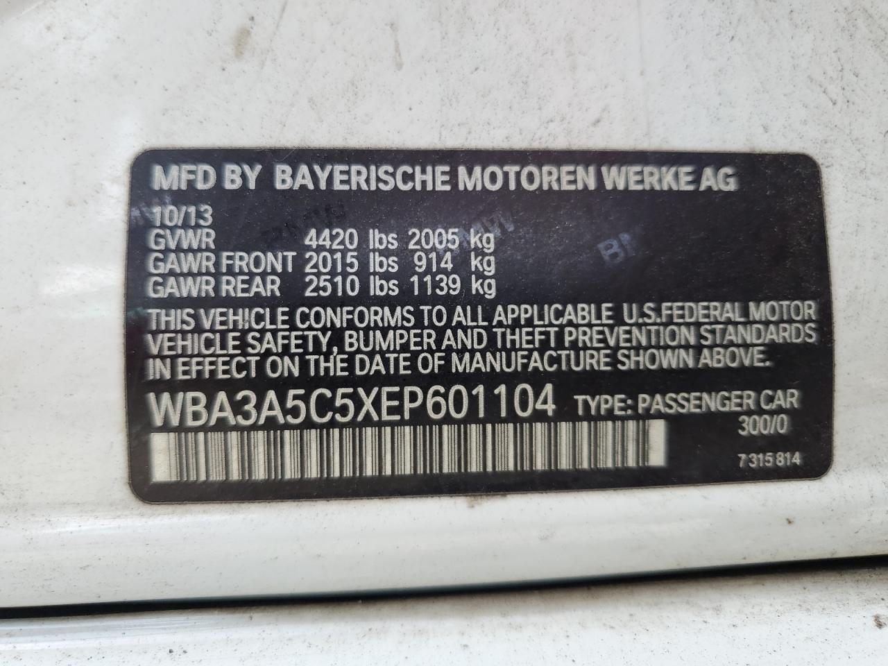 VIN WBA3A5C5XEP601104 2014 BMW 3 SERIES no.12