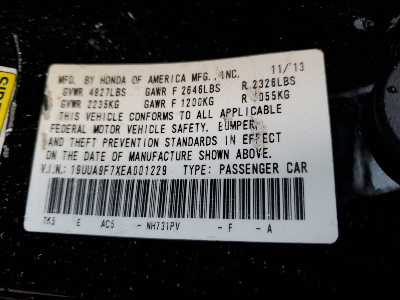 VIN 19UUA9F7XEA001229 2014 ACURA TL no.12