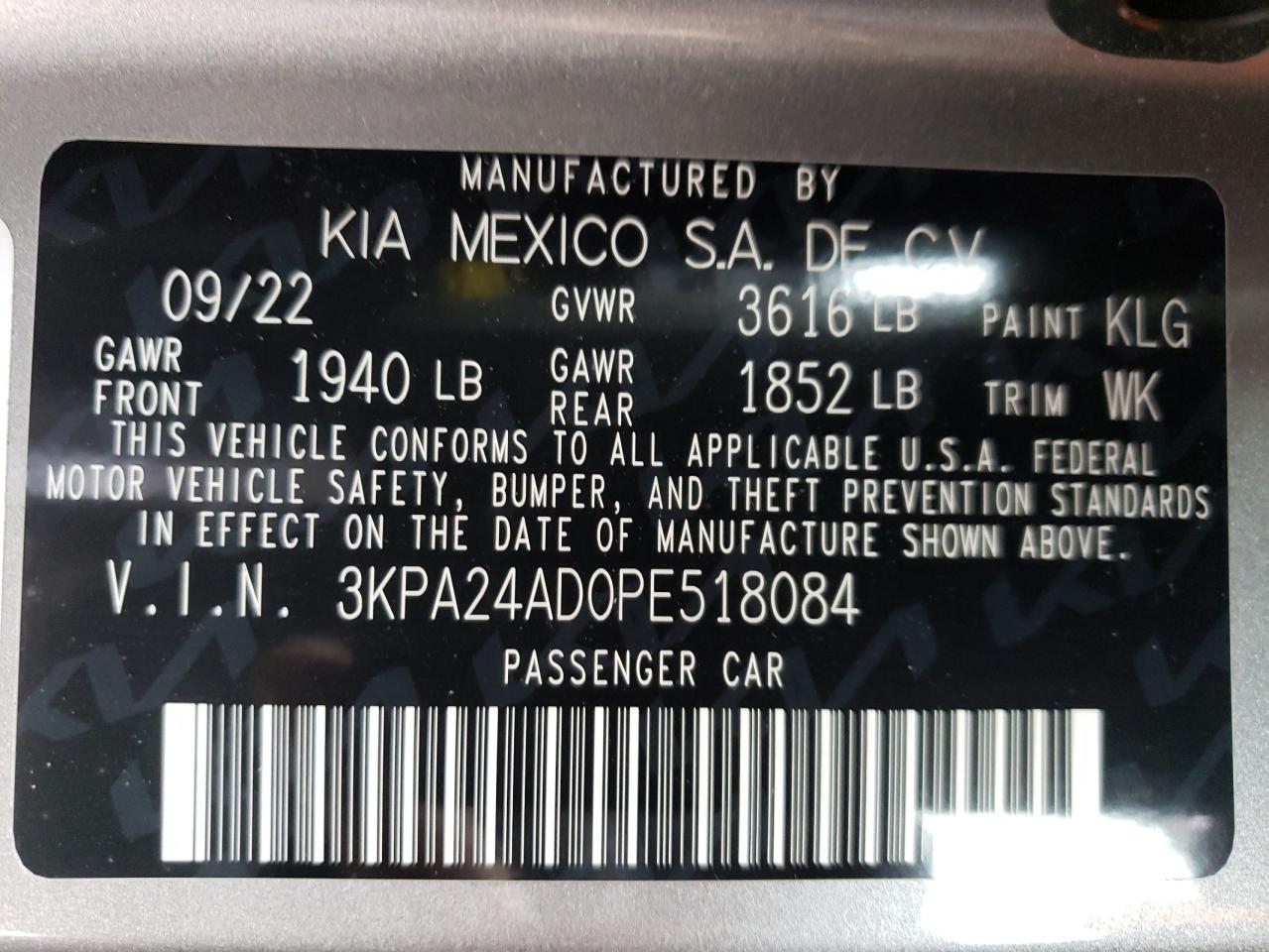 VIN 3KPA24AD0PE518084 2023 KIA RIO no.13