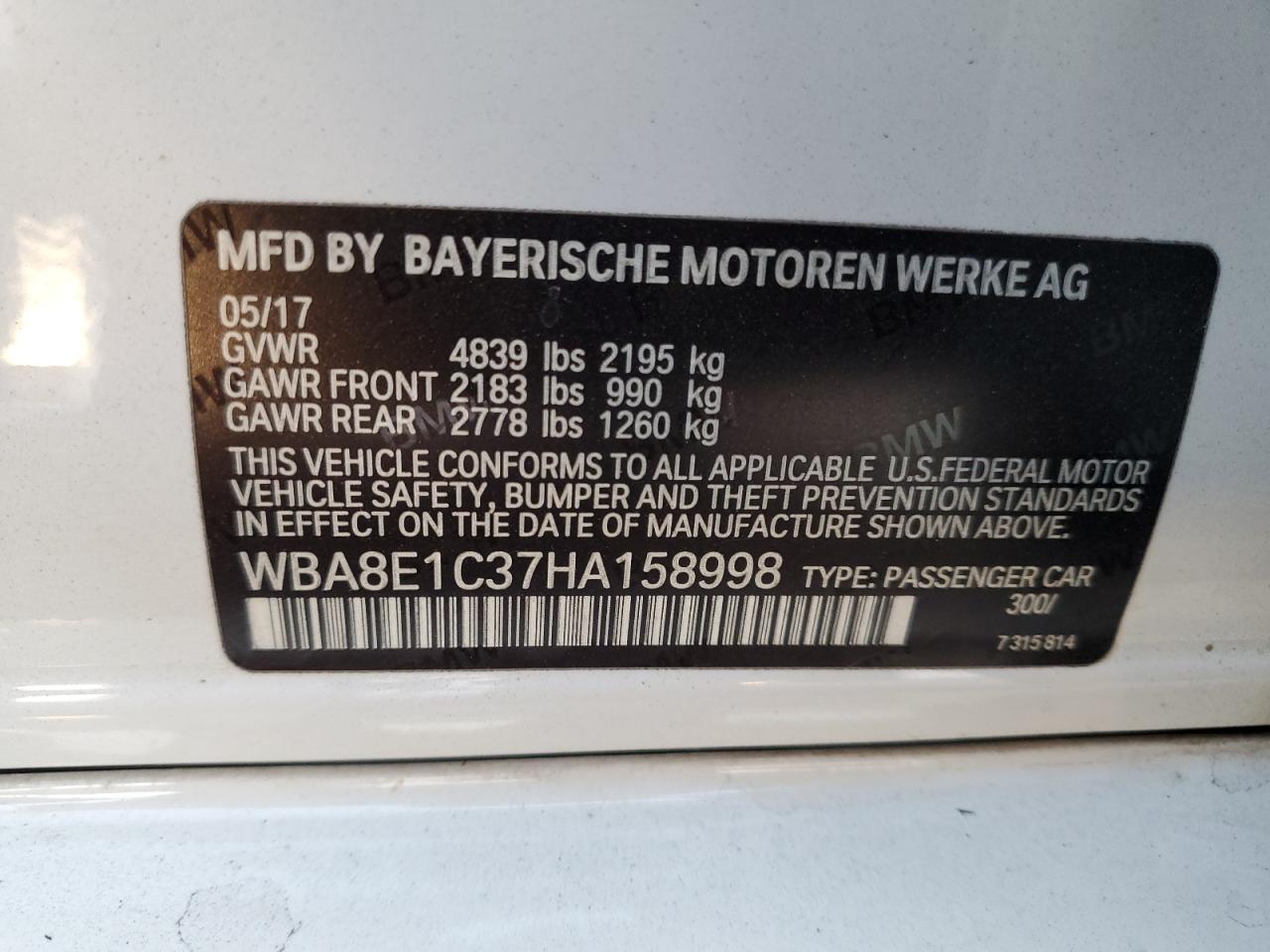 2017 BMW 330E VIN: WBA8E1C37HA158998 Lot: 81015294