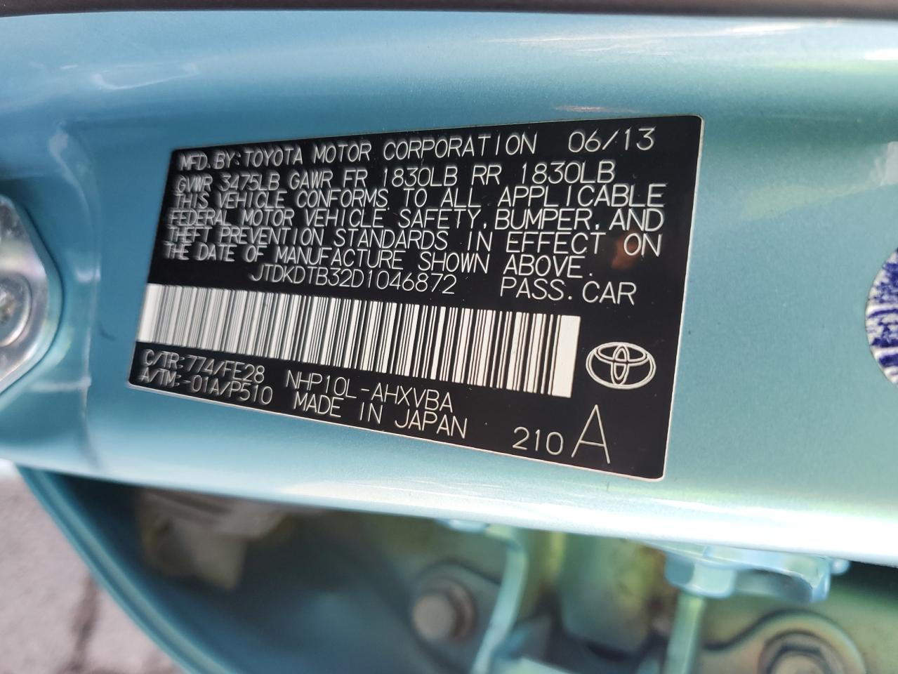 2013 Toyota Prius C VIN: JTDKDTB32D1046872 Lot: 80100584