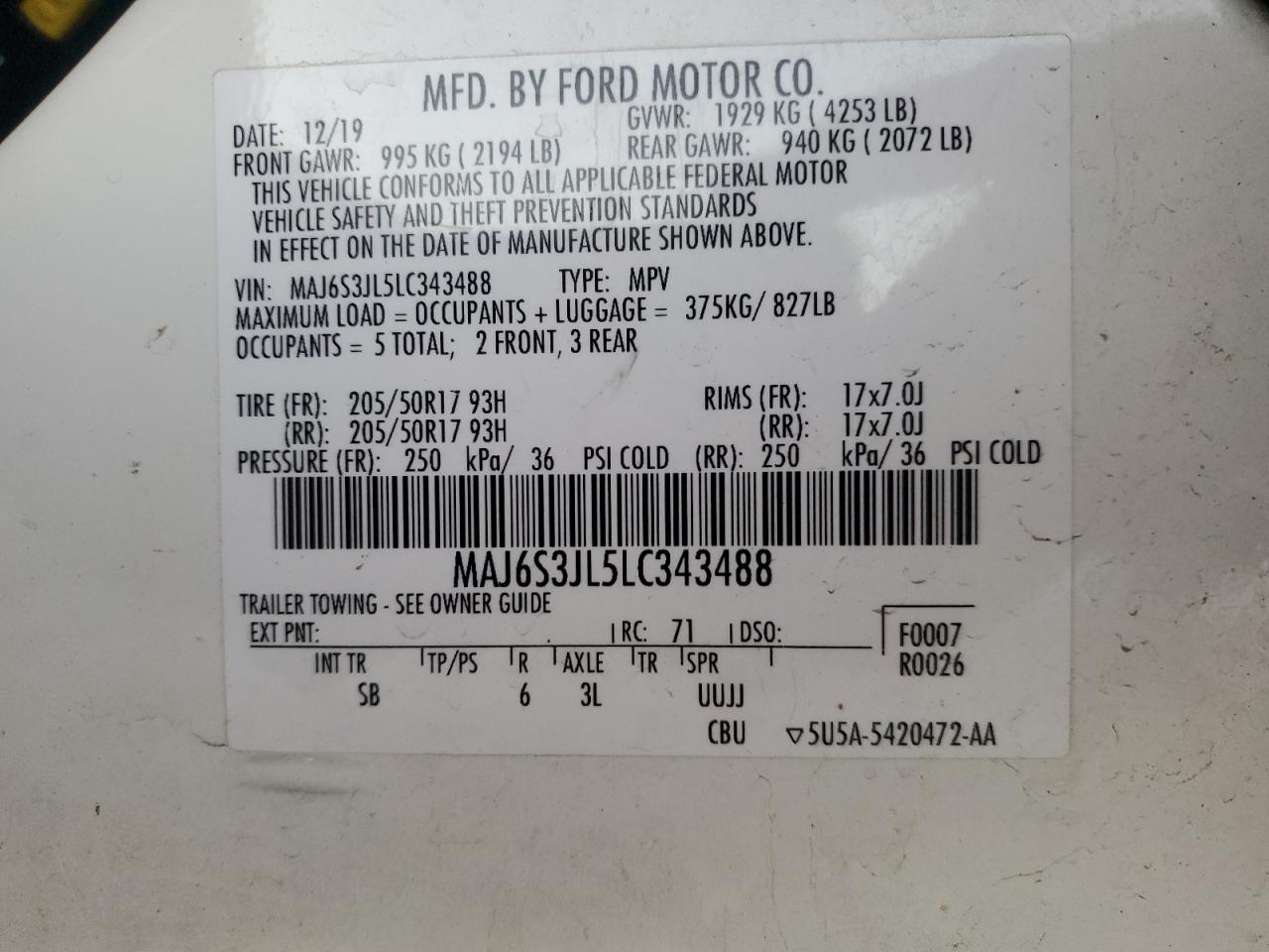 2020 Ford Ecosport Ses VIN: MAJ6S3JL5LC343488 Lot: 80752524