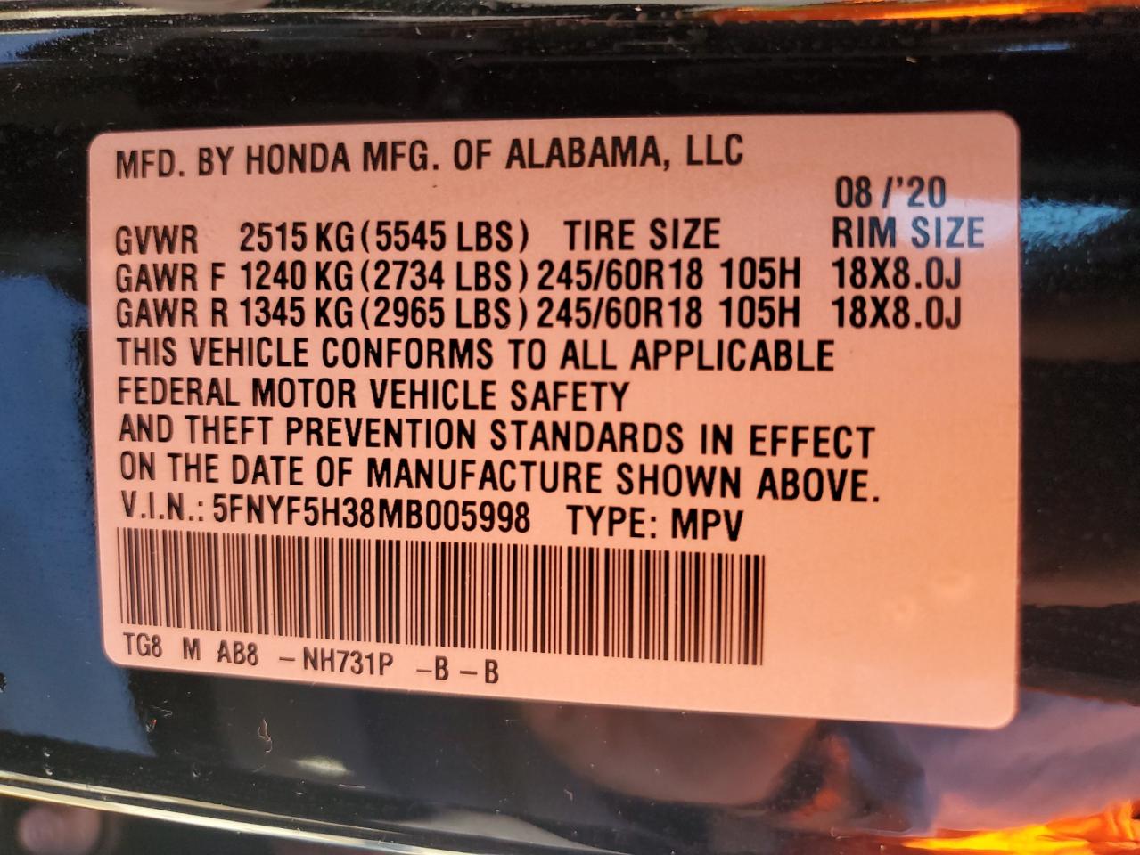 VIN 5FNYF5H38MB005998 2021 HONDA PILOT no.13