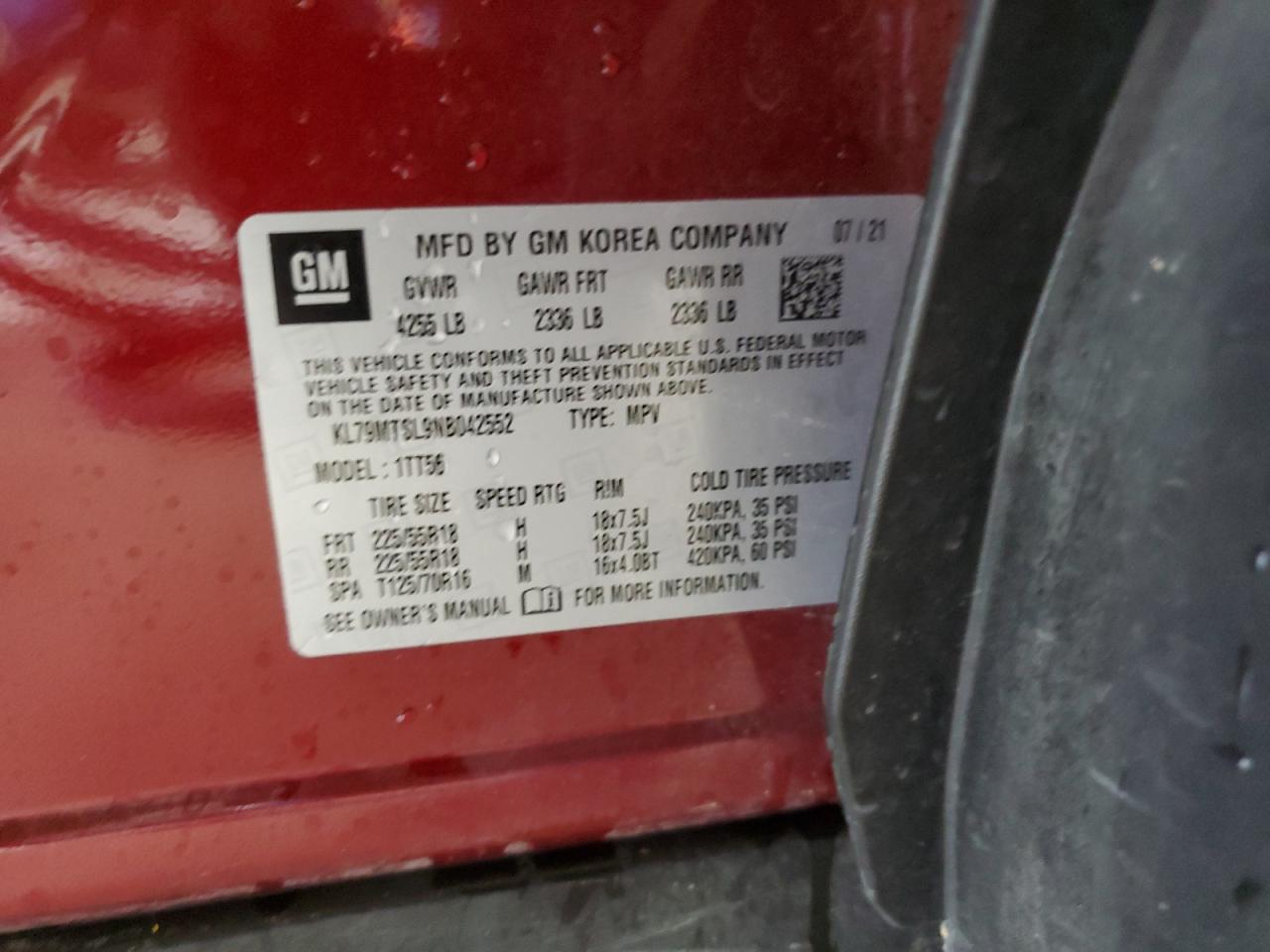 2022 Chevrolet Trailblazer Rs VIN: KL79MTSL9NB042552 Lot: 78538104