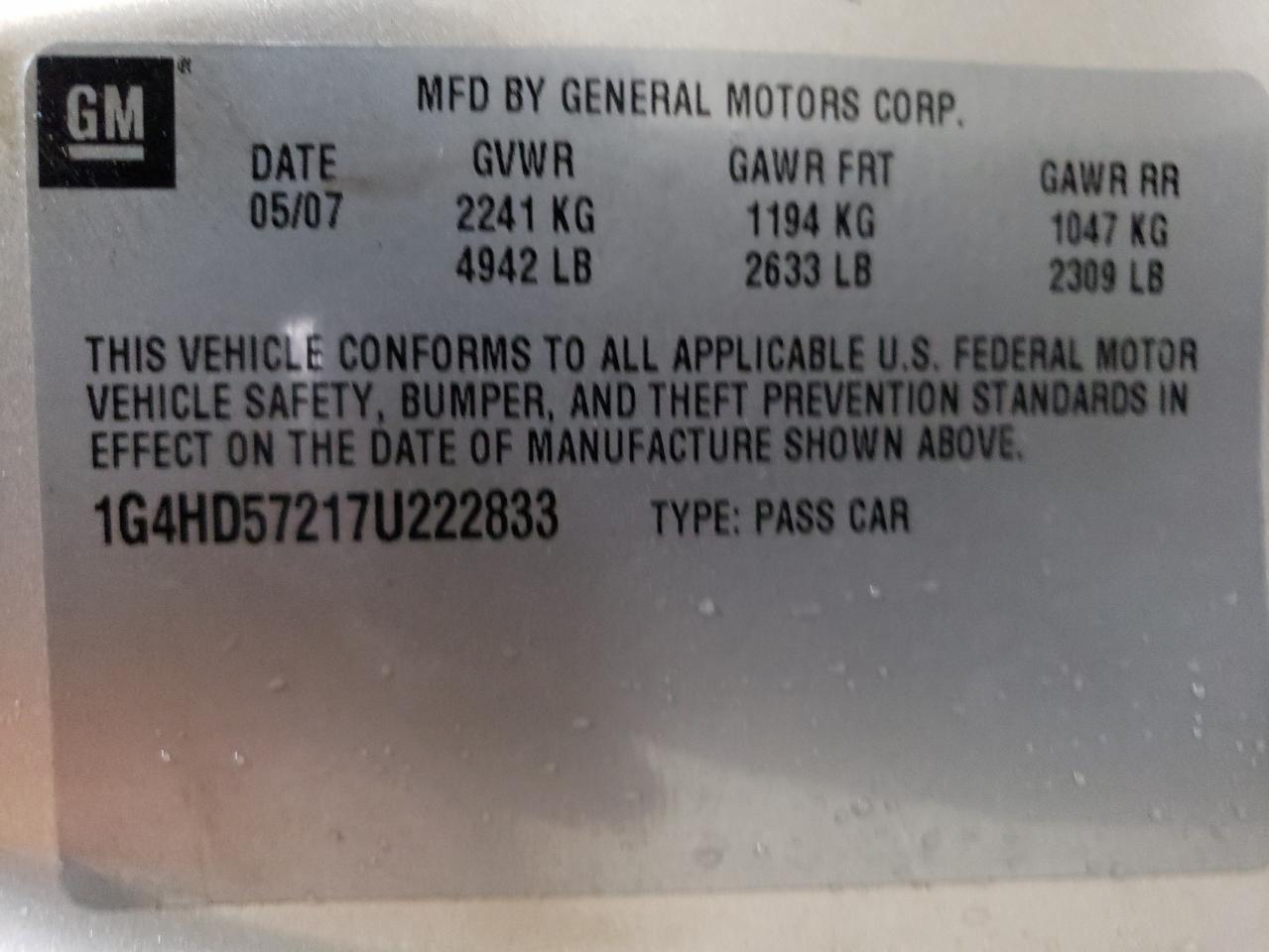 2007 Buick Lucerne Cxl VIN: 1G4HD57217U222833 Lot: 80189844