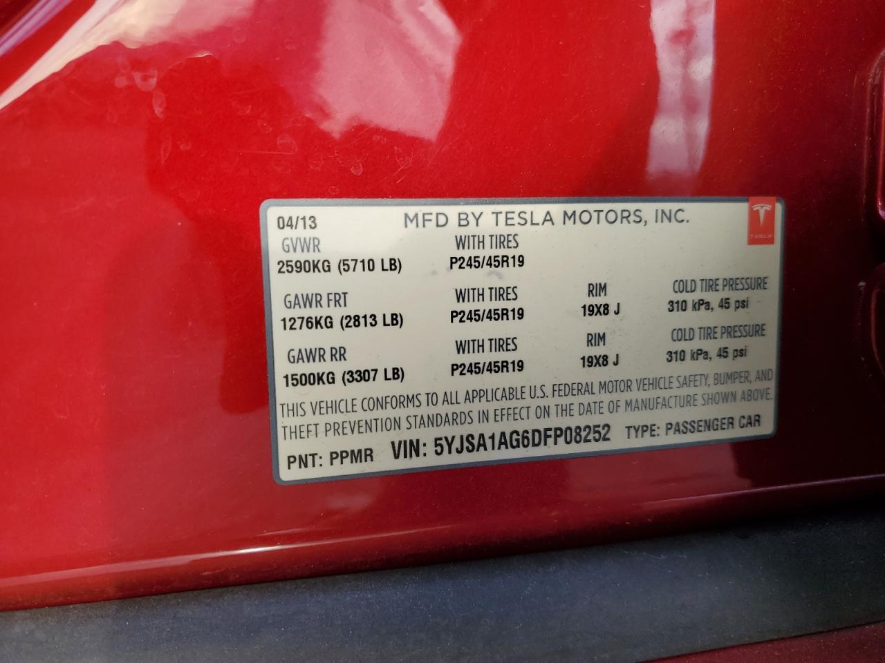 2013 Tesla Model S VIN: 5YJSA1AG6DFP08252 Lot: 82444254