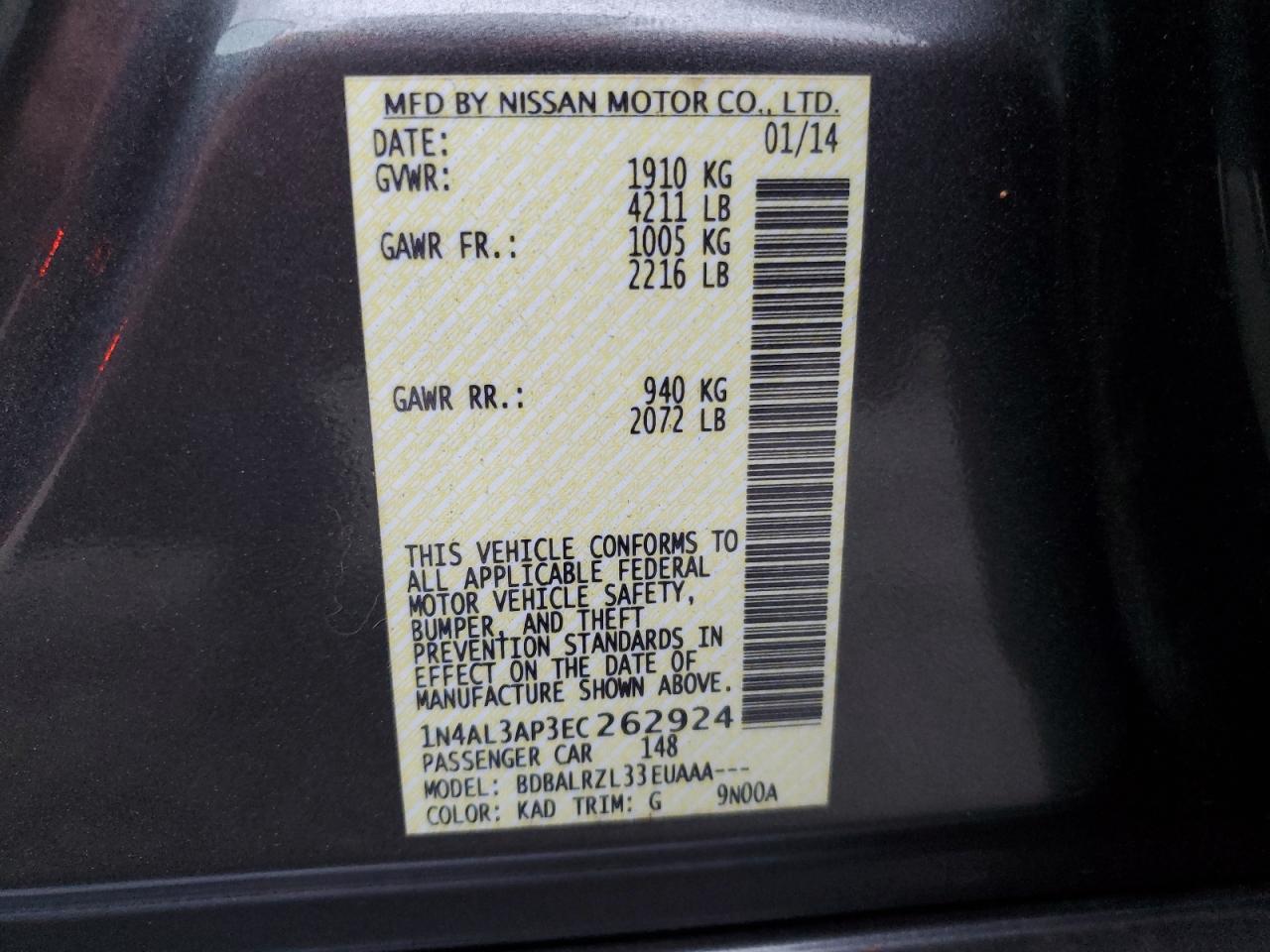 2014 Nissan Altima 2.5 VIN: 1N4AL3AP3EC262924 Lot: 78431184